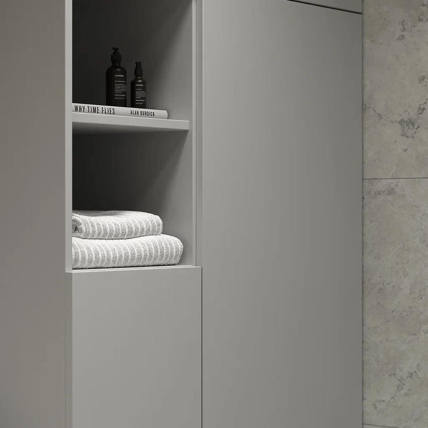 A sleek and modern bathroom shelvings