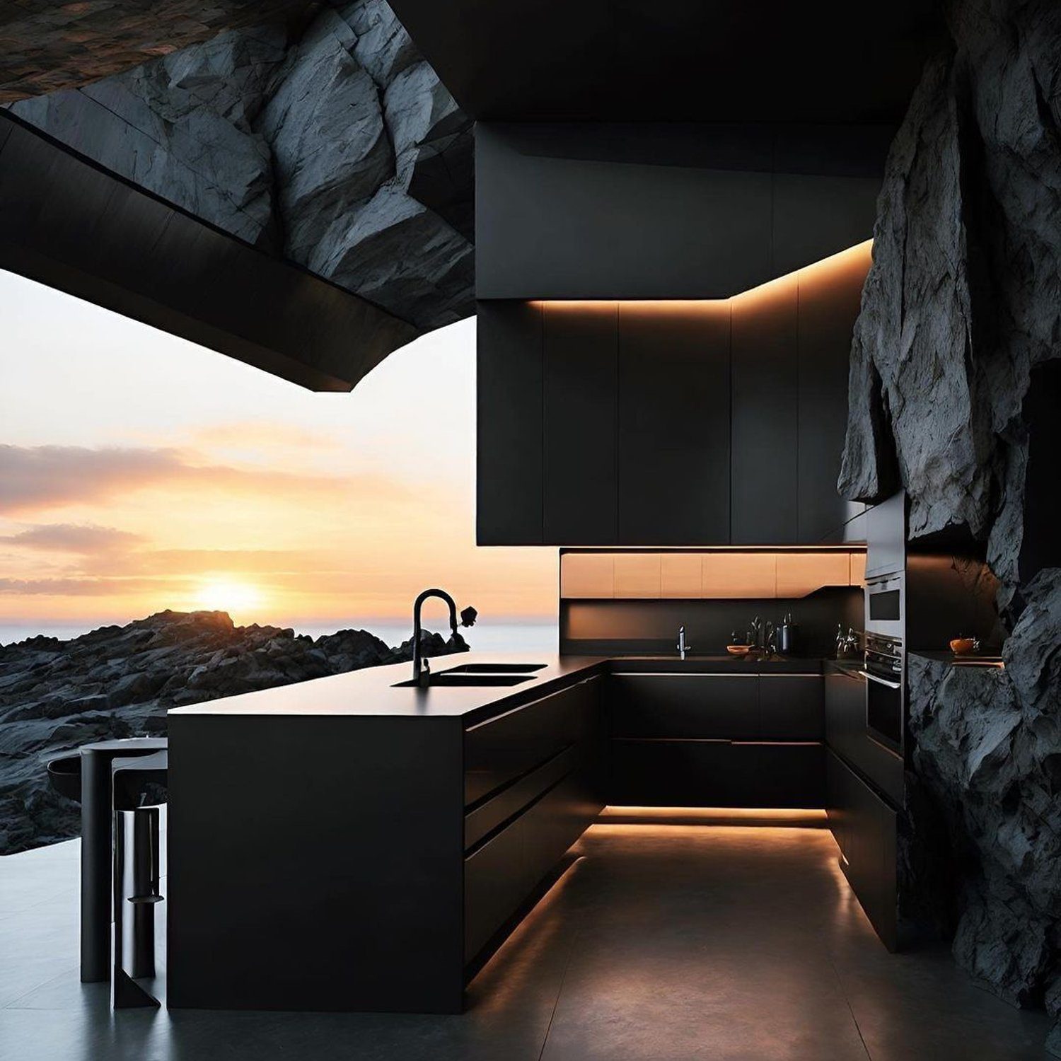 A modern cliffside kitchen with panoramic sunset view