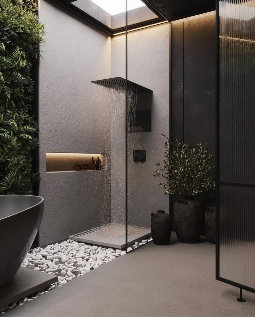 A modern bathroom showcasing a seamless integration of nature and design