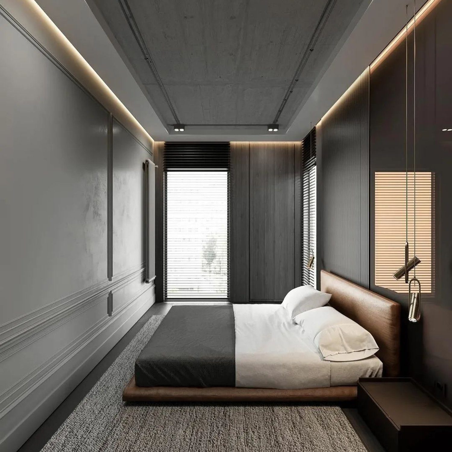 Modern minimalist bedroom featuring concrete ceiling and dark tones