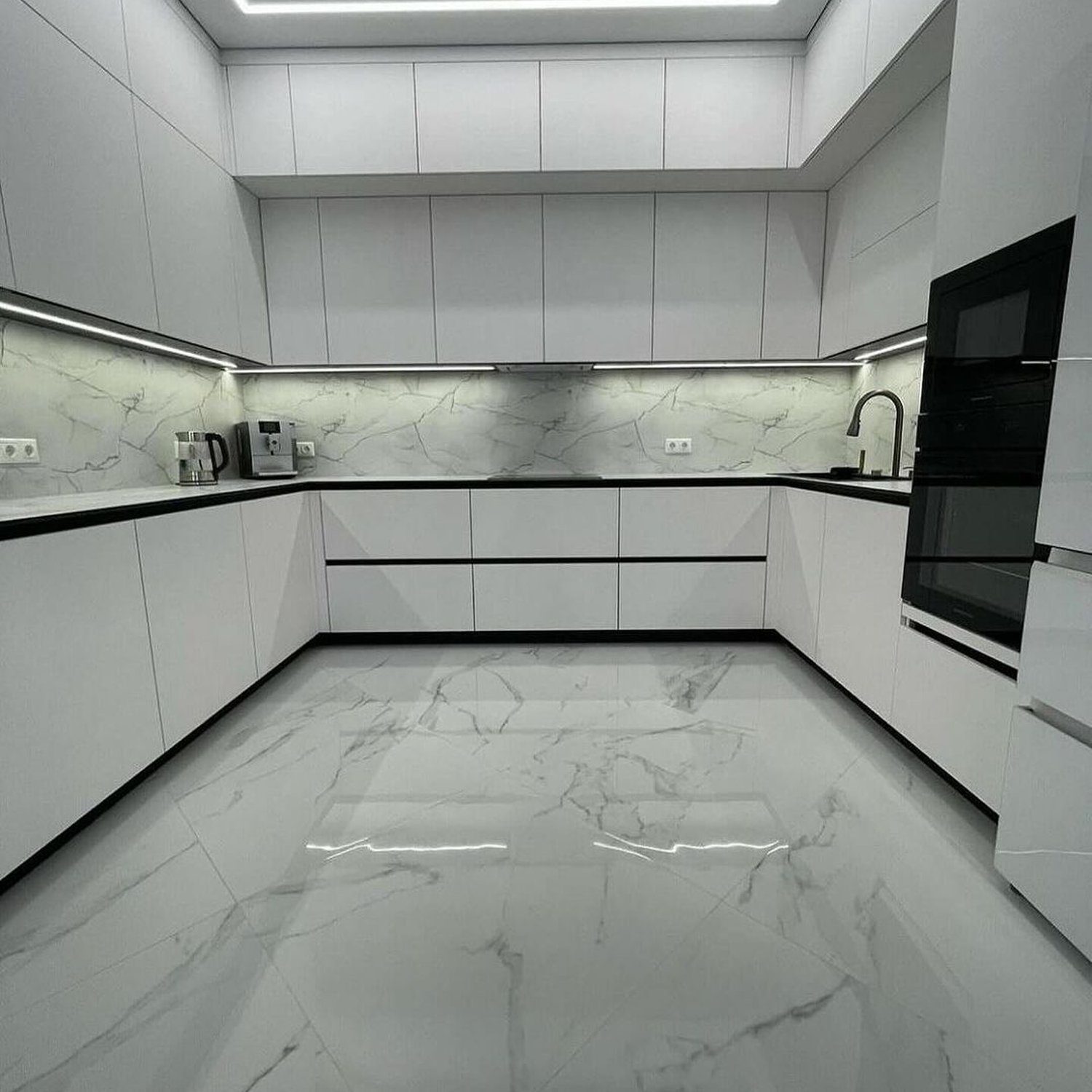 Ultra-modern kitchen with reflective marble floors