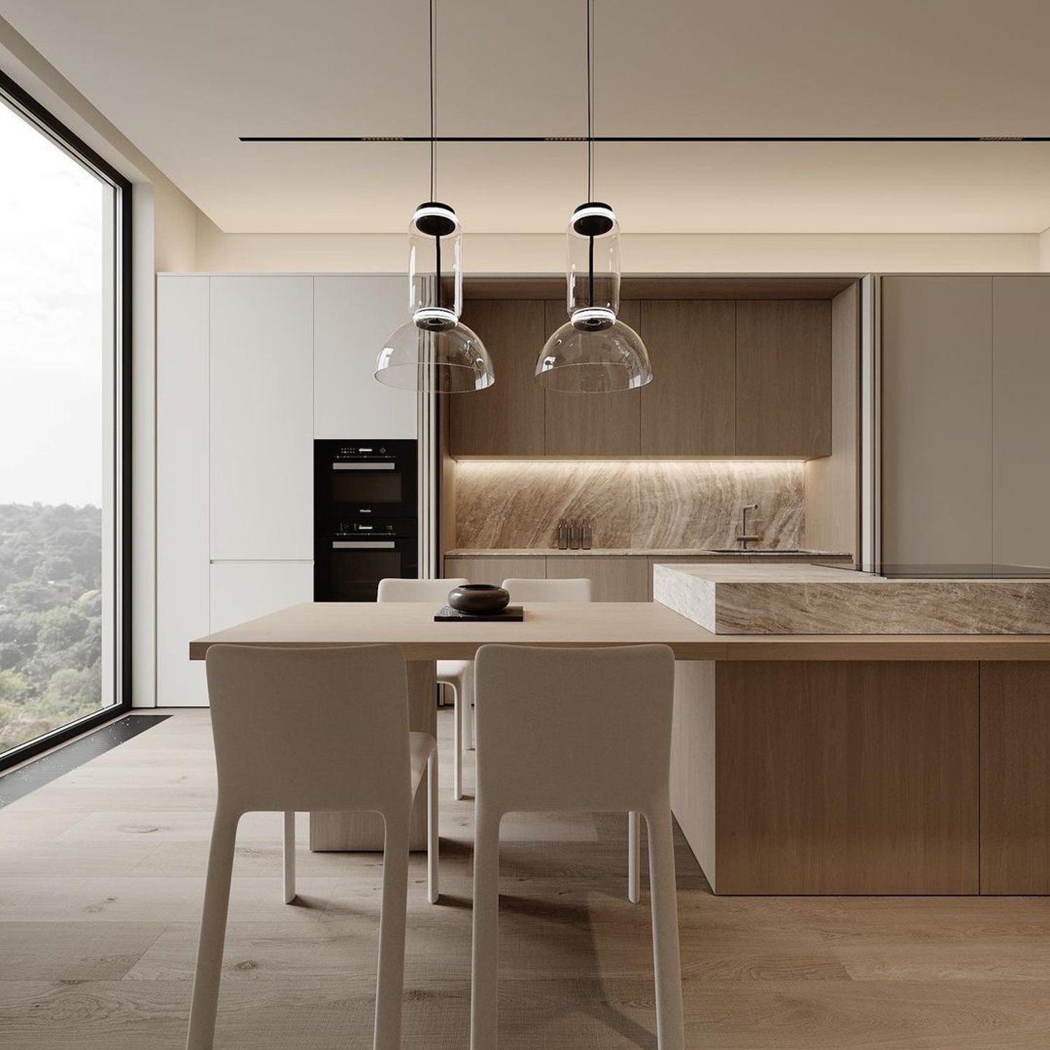 Modern minimalist kitchen with large windows