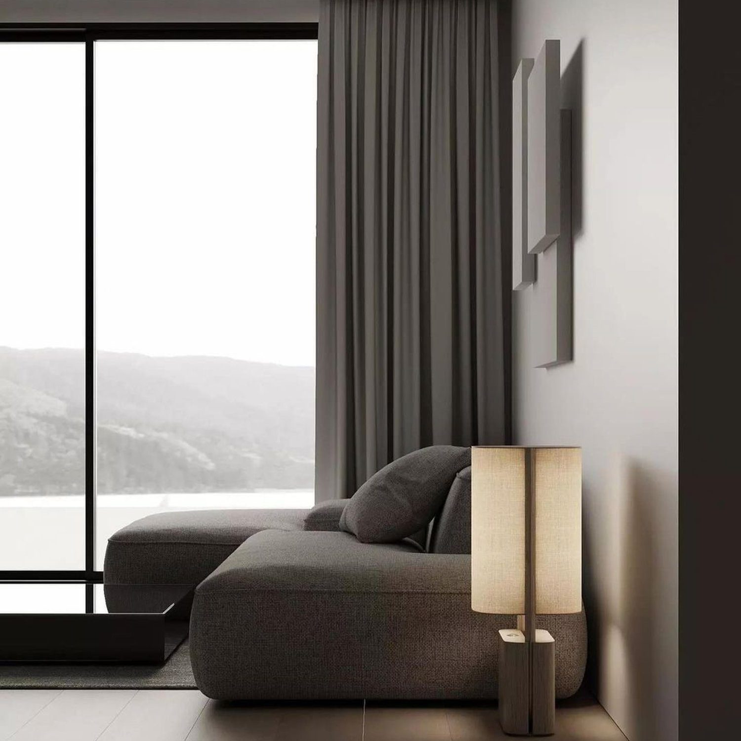 A serene and modern bedroom with panoramic views