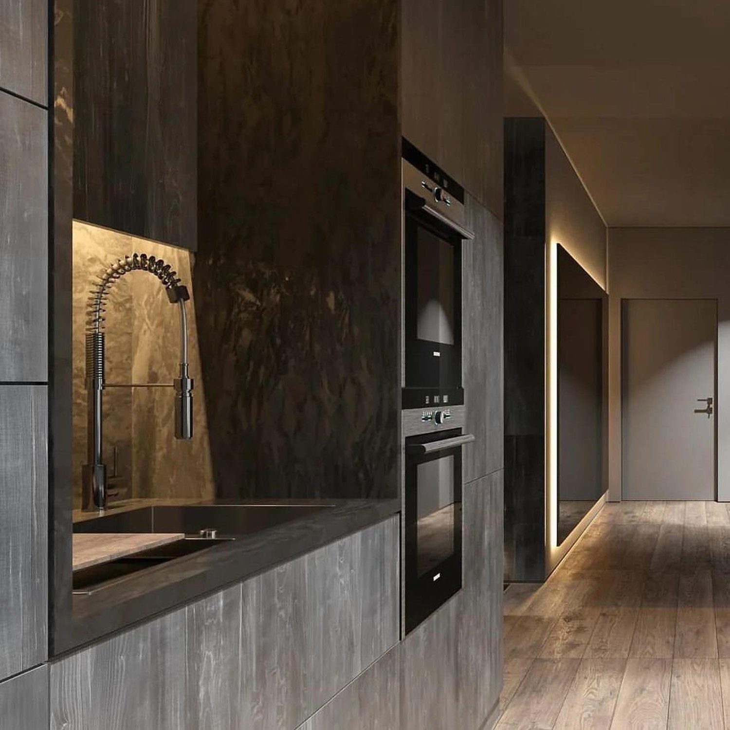 Contemporary kitchen design with sleek dark finishes