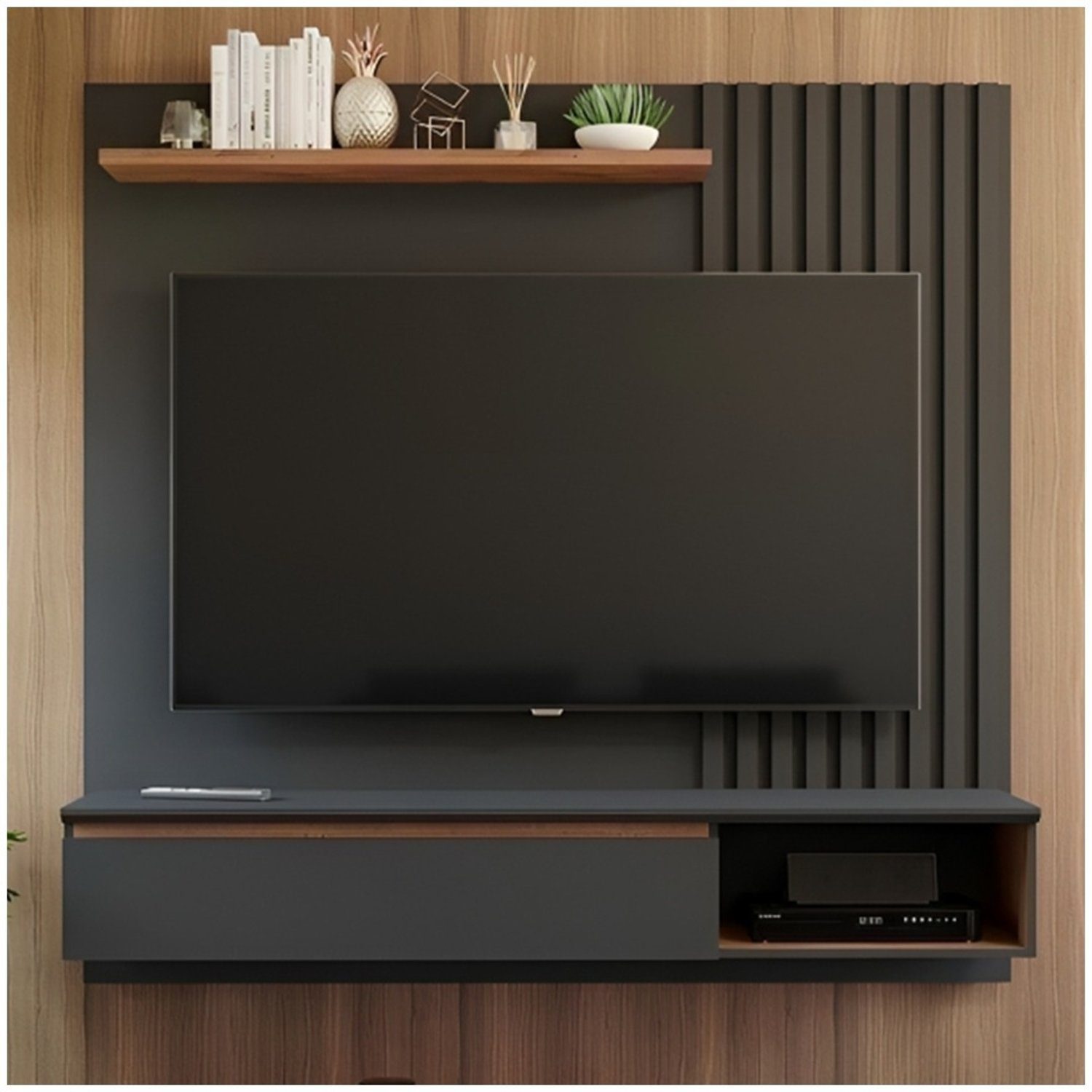 A sleek and modern entertainment center featuring a large flat-screen TV mounted on a panelled dark backdrop with minimalist decor on the shelf and a simple remote on the console