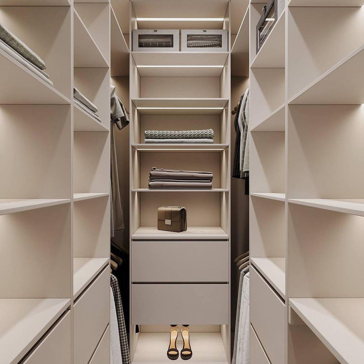 Elegantly organized walk-in closet with strategic storage solutions