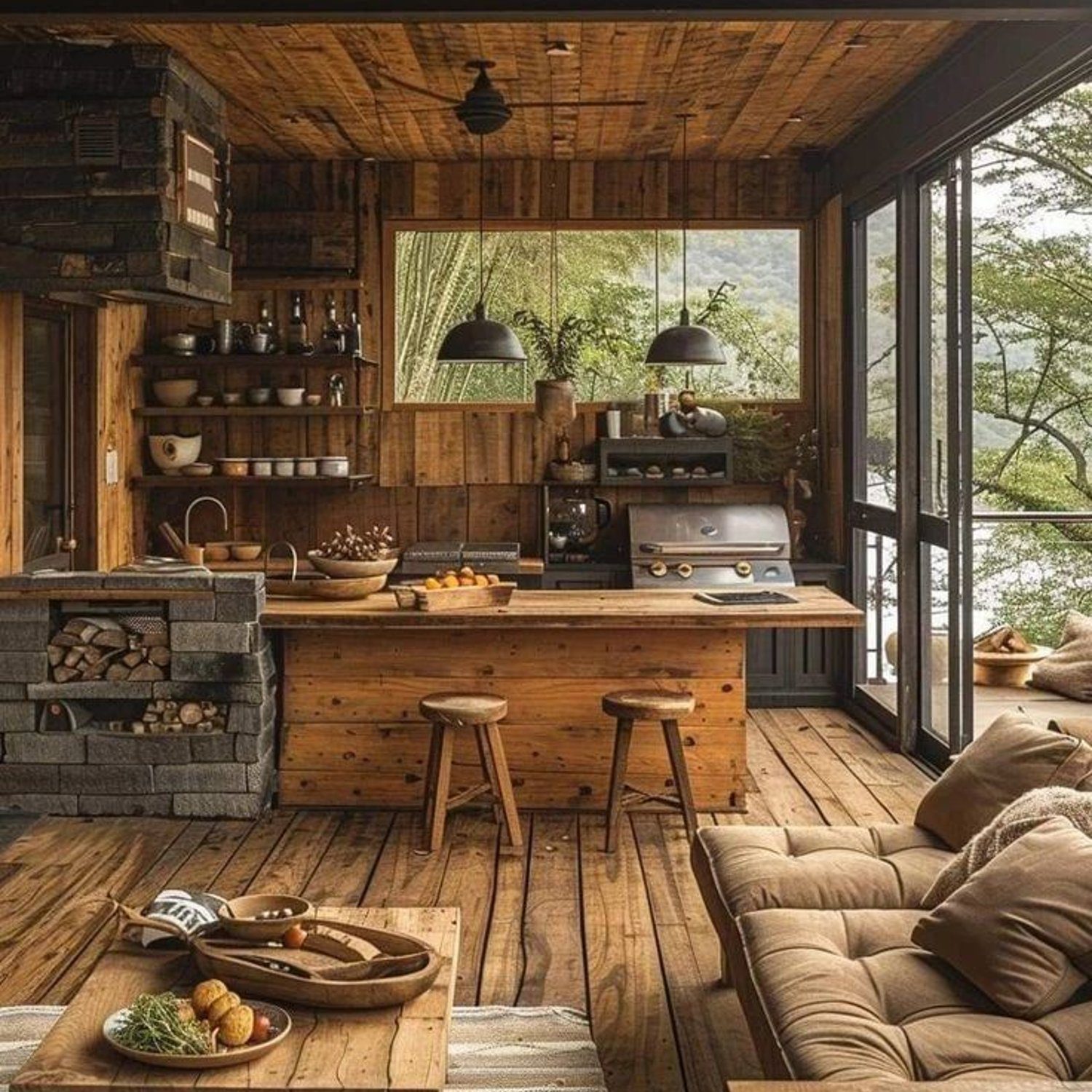 Cozy wooden cabin kitchen with a view of nature