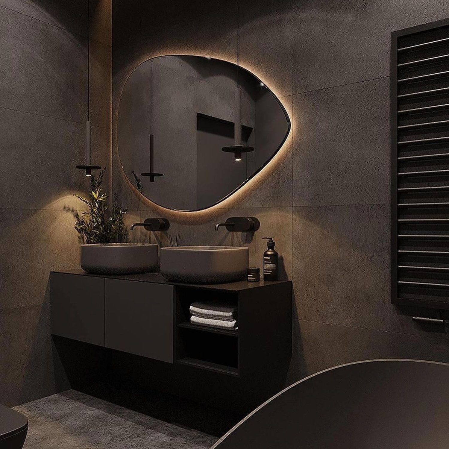 Modern minimalist bathroom design with ambient lighting.