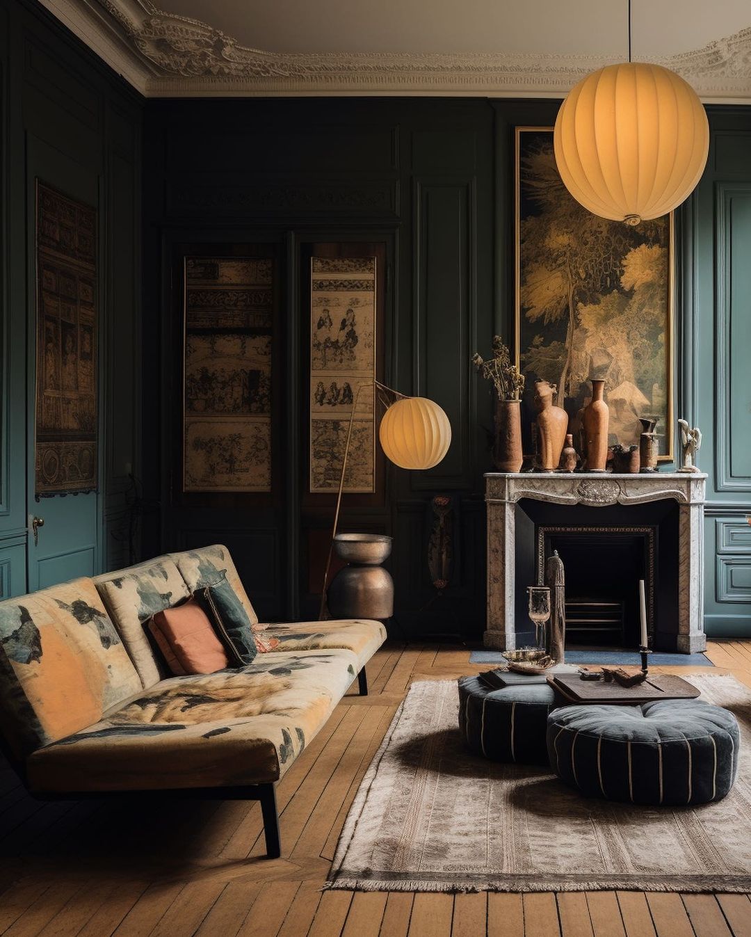 A sophisticated room featuring teal walls, wooden floors, and vintage decor