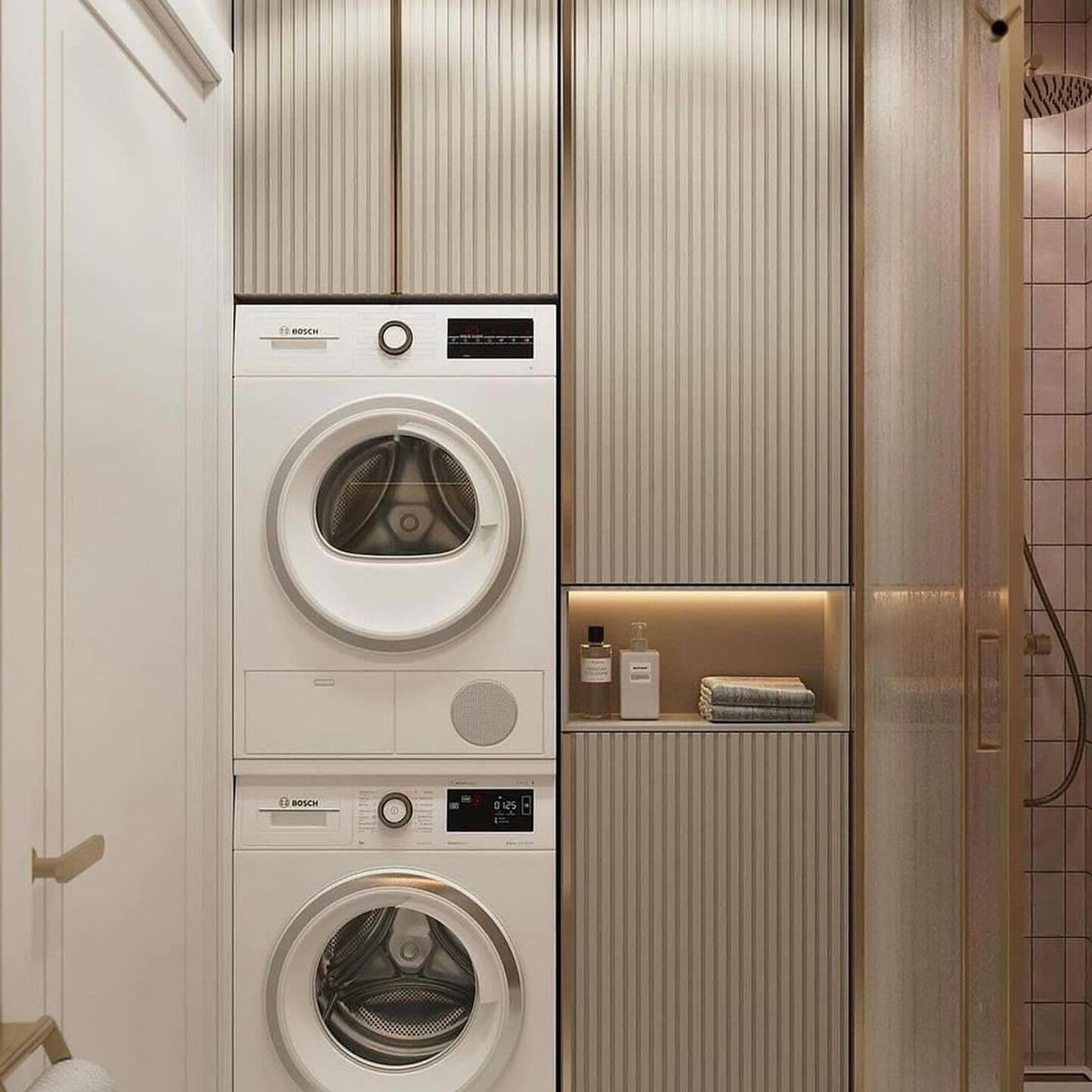 A space-efficient laundry area with stacked washer and dryer units