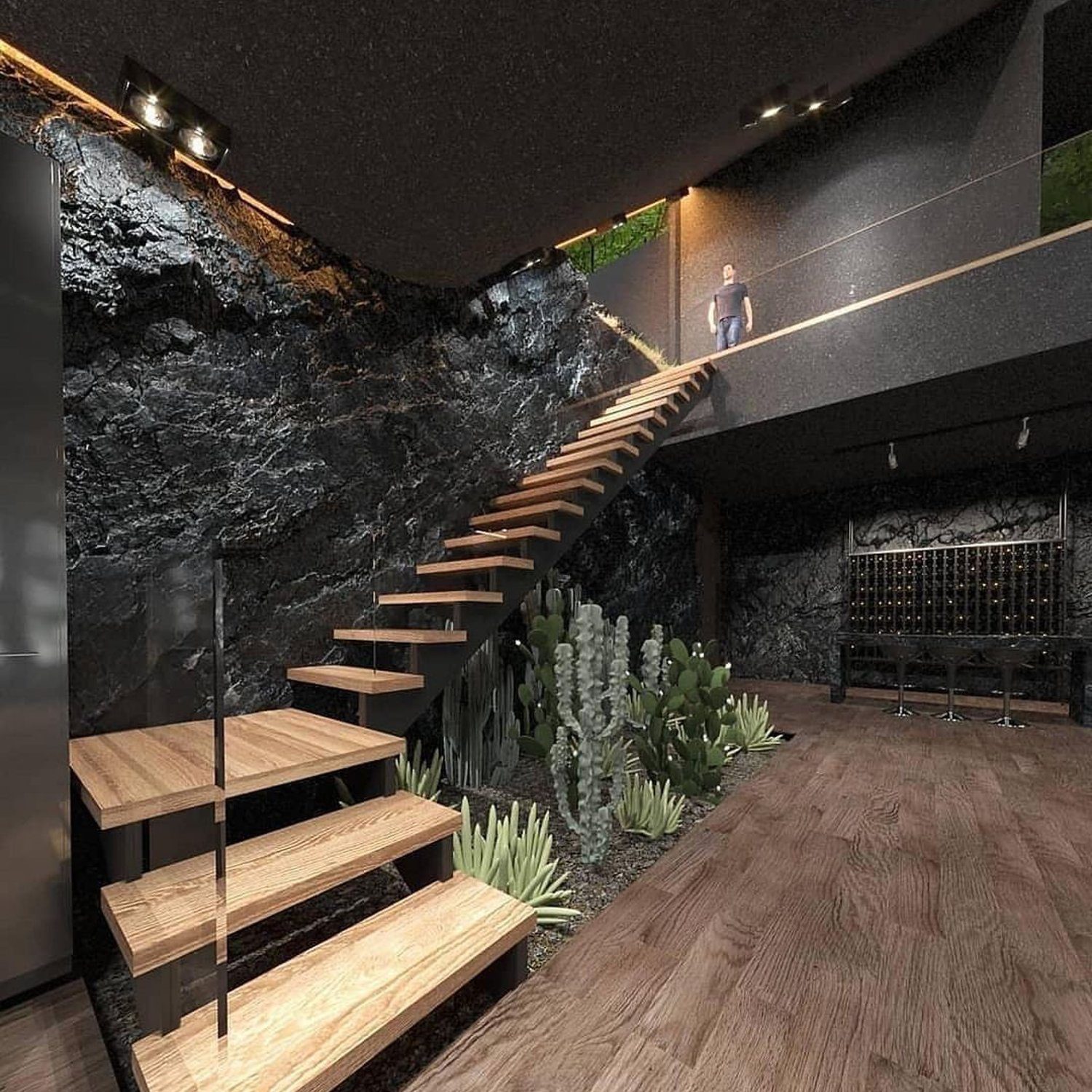 A unique staircase design blending raw natural elements and modern architecture