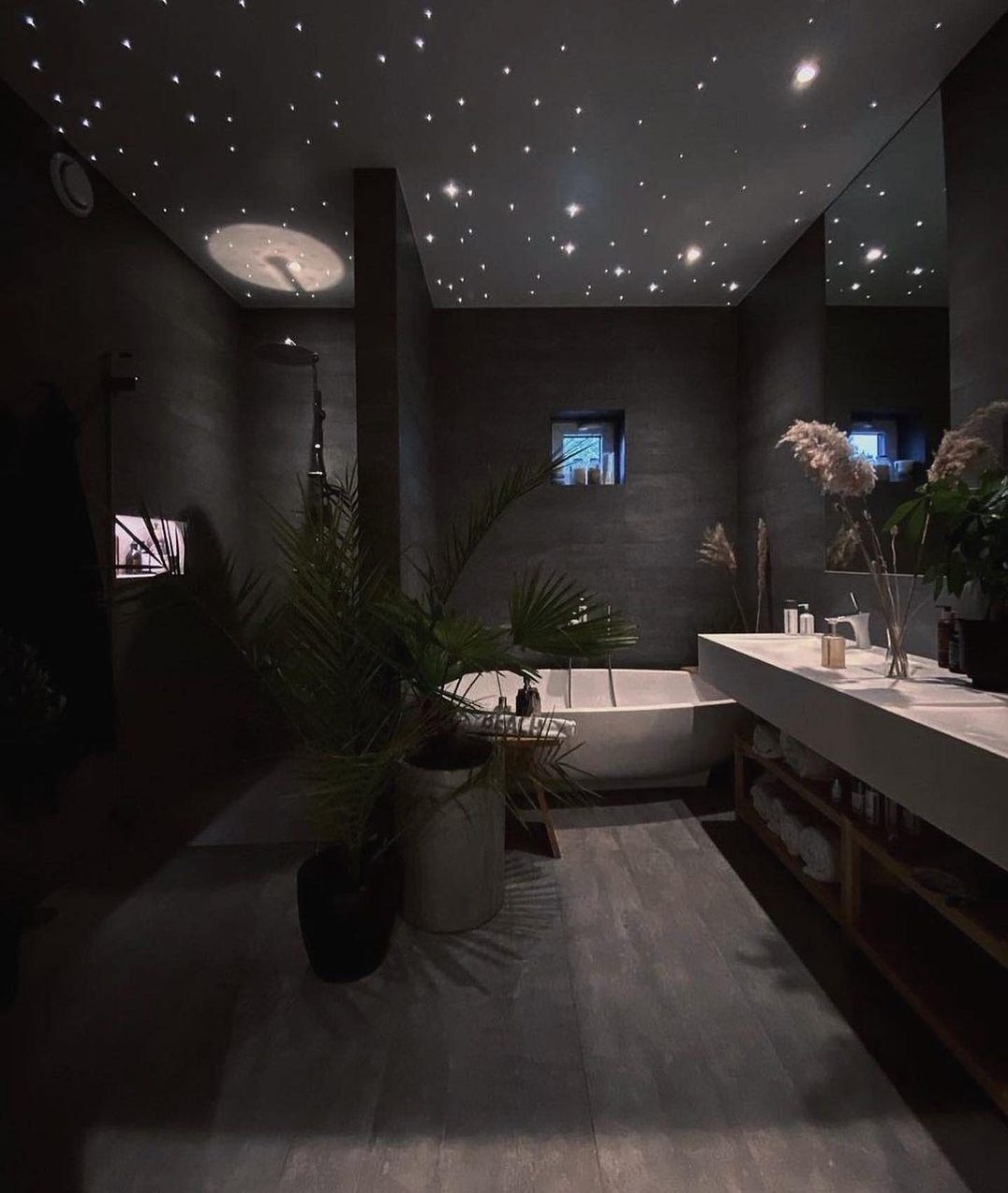 A modern bathroom featuring a starry ceiling and plush greenery