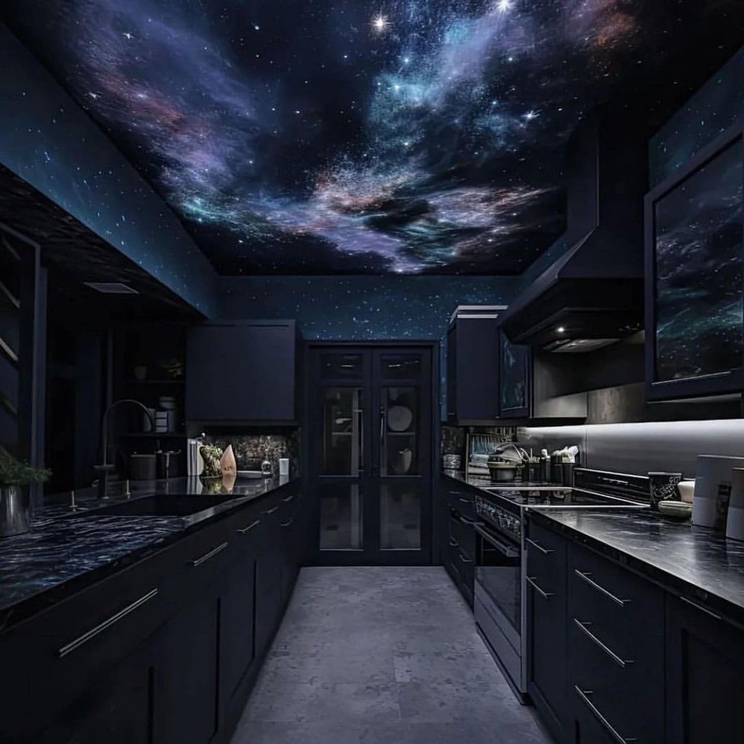 A modern kitchen that opens your senses to the cosmos, with starry night sky ceiling and sleek dark cabinetry