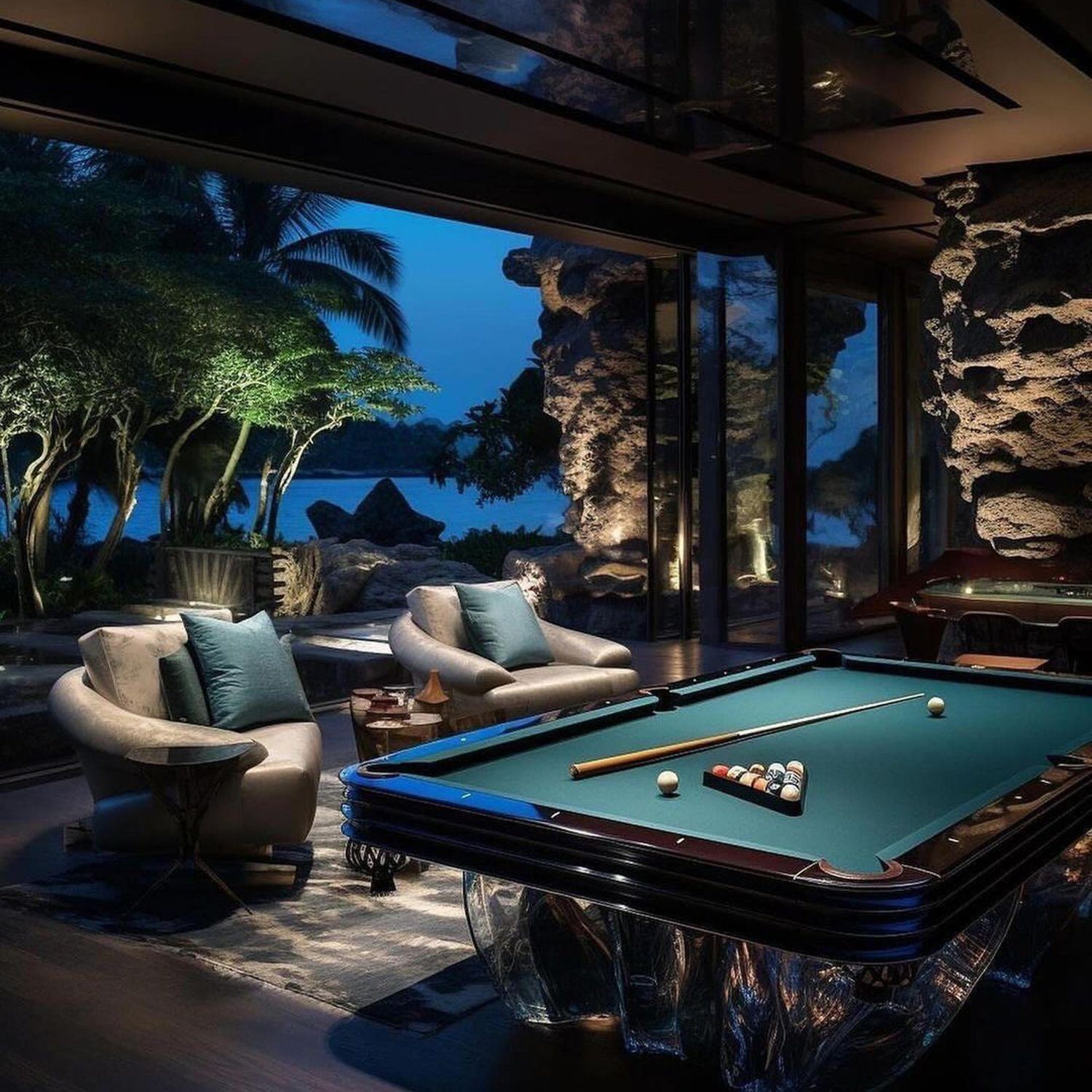 A luxurious billiard room with a unique organic design