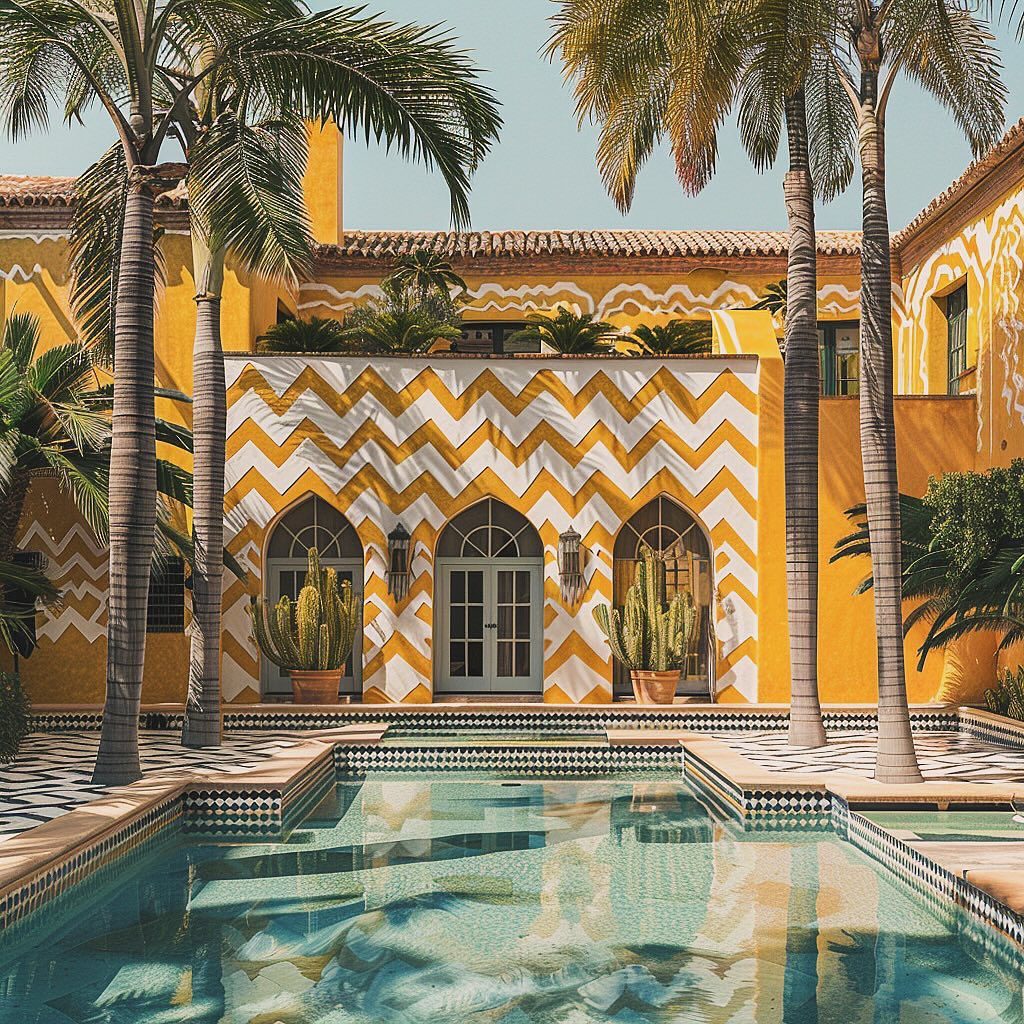 A vibrant yellow villa with bold white zigzag patterns on its façade, flanked by palm trees, framing a tranquil pool with classic checkered tiles.