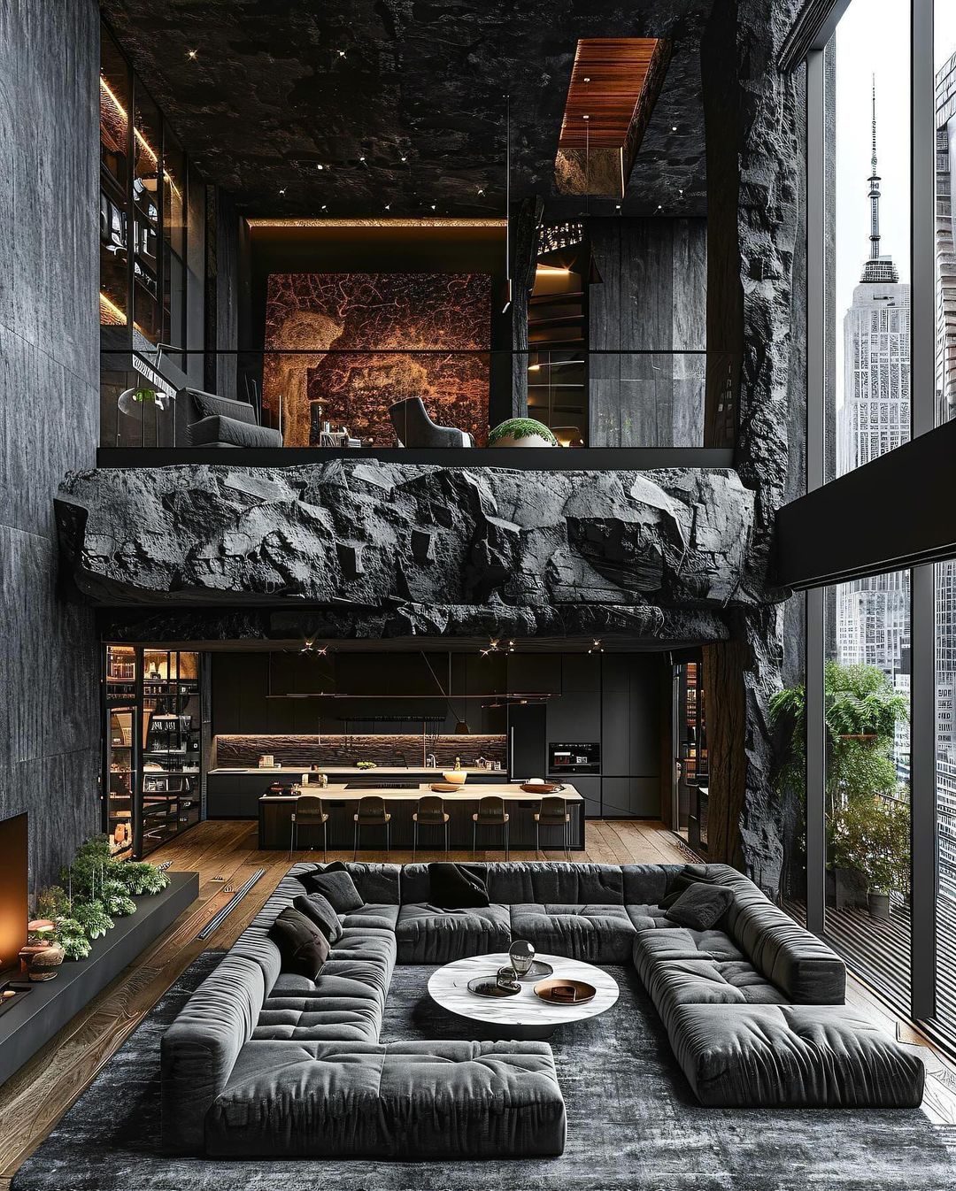 Stunning multi-level urban loft featuring a moody dark color palette with contrasting textures and a view of the city skyline