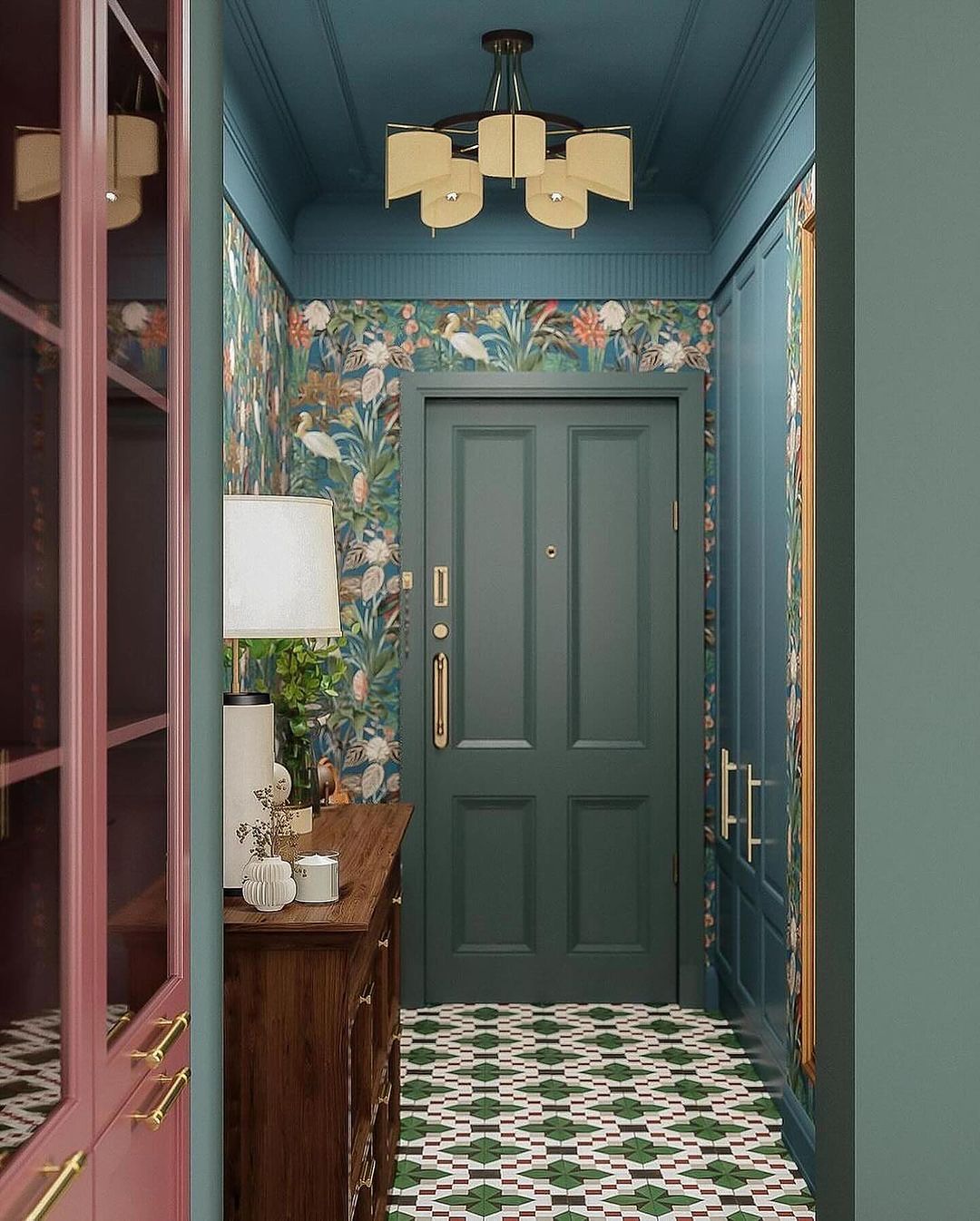 Chic interior hallway with vibrant wallpaper and stylish decor