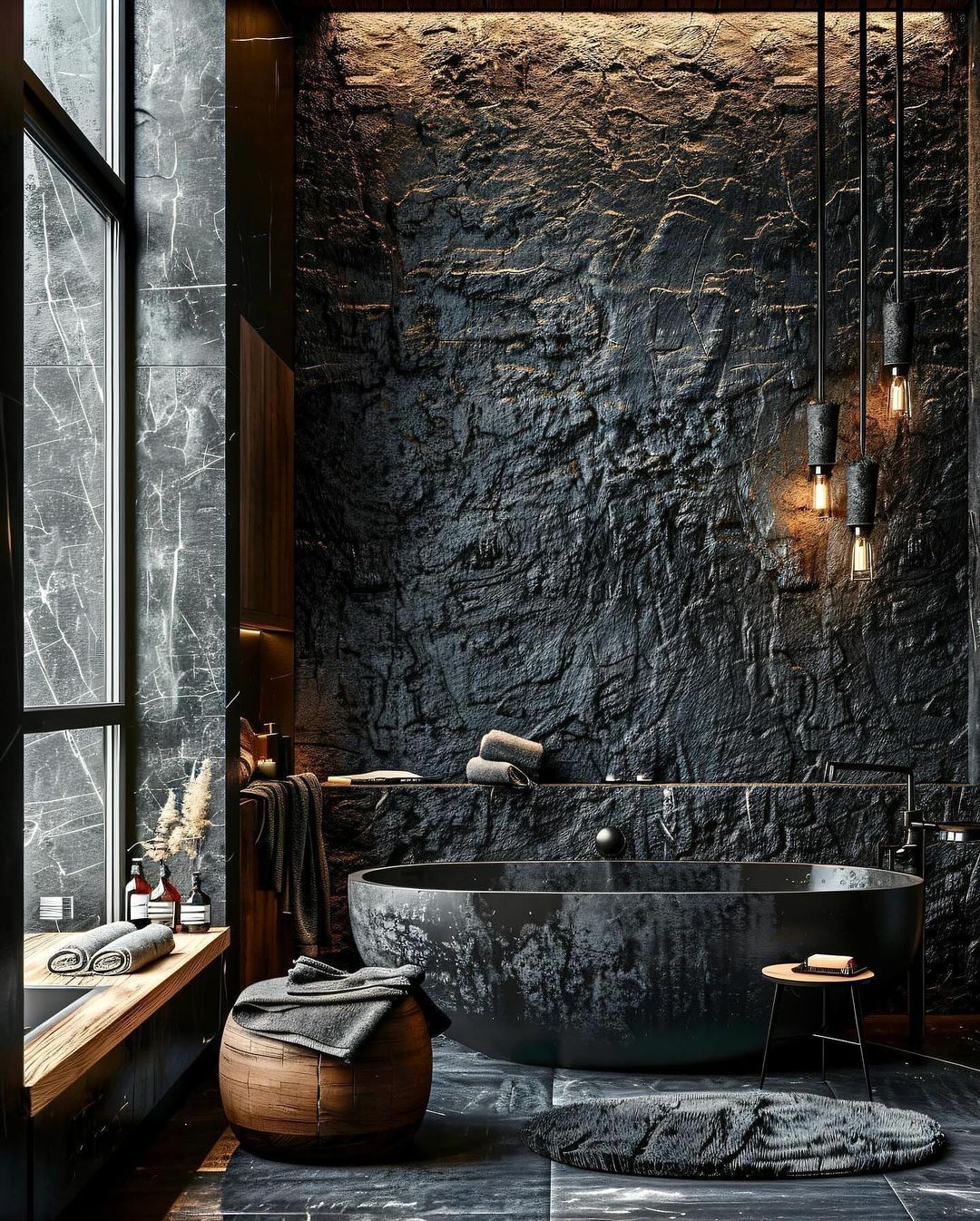 A chic and modern bathroom featuring a freestanding dark tub