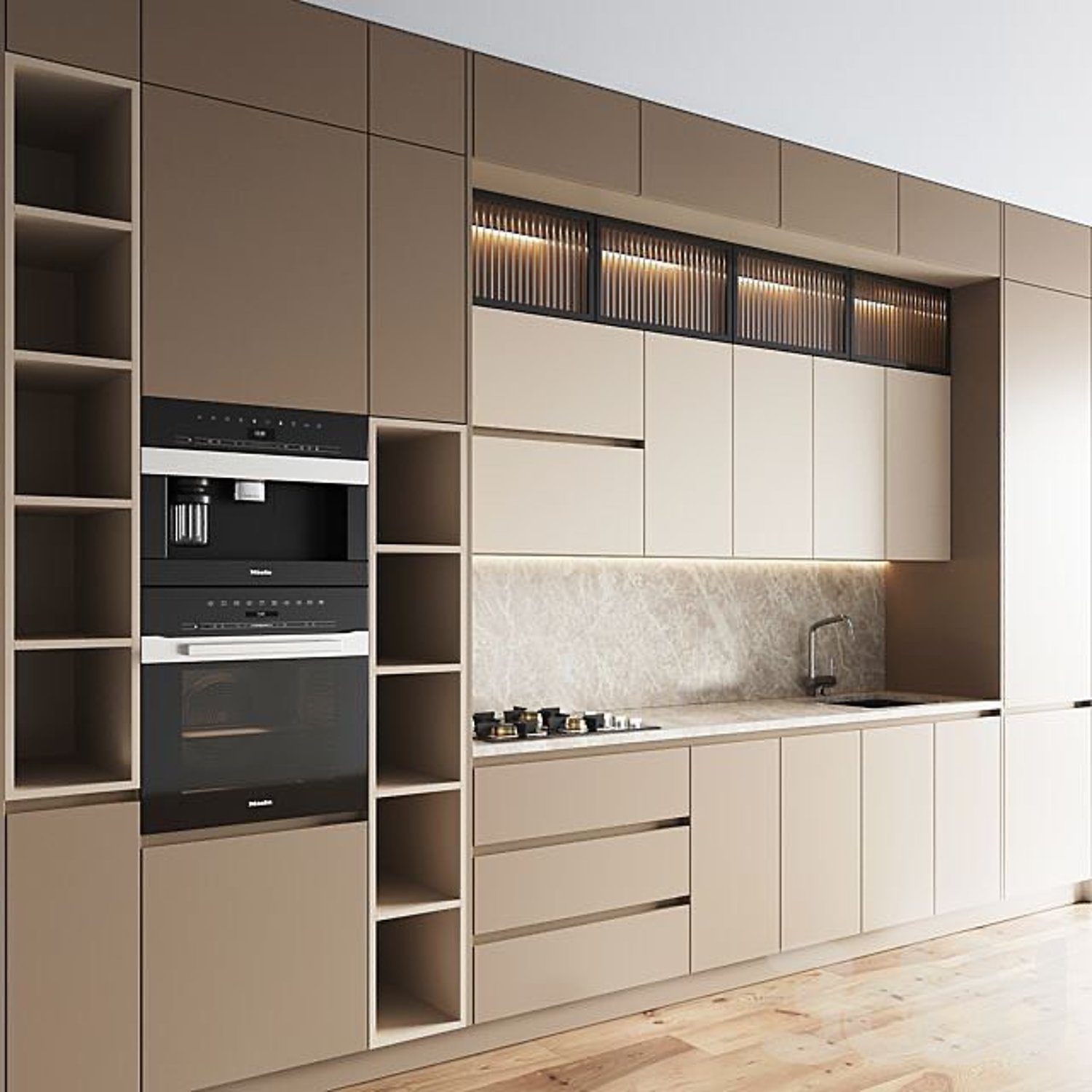 A modern kitchen design featuring sleek taupe cabinets, integrated appliances, and open shelving with backlit accents.