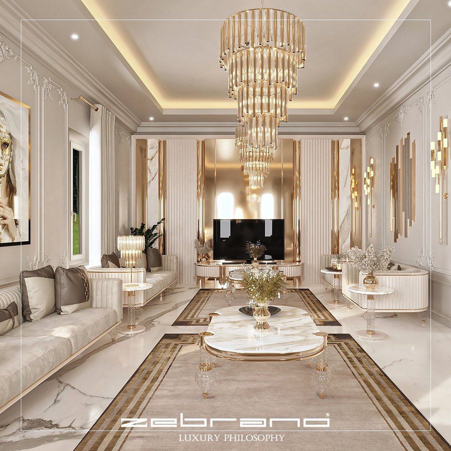 Luxurious modern living room design with golden accents