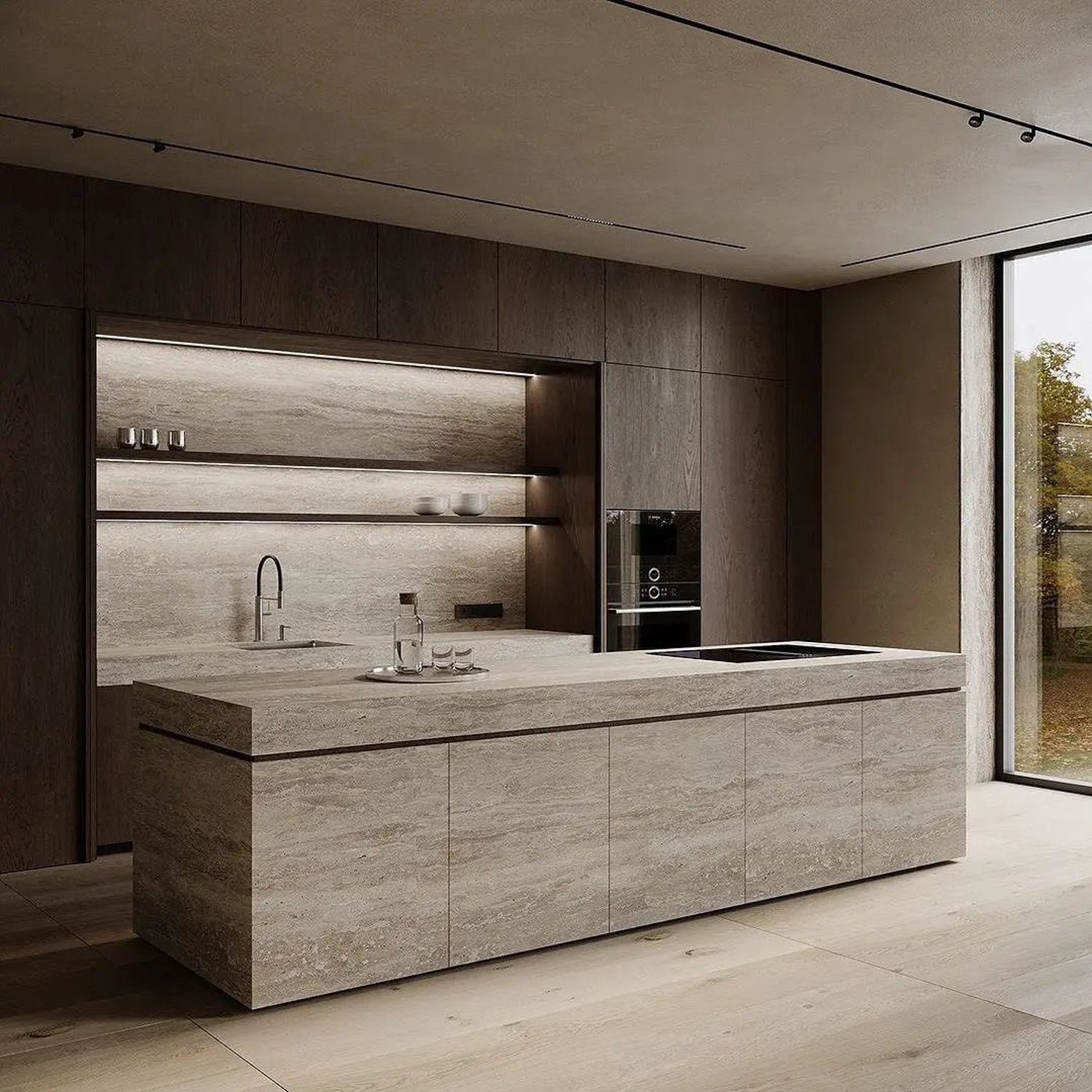 A modern minimalist kitchen with seamless wooden cabinetry and stone countertops.