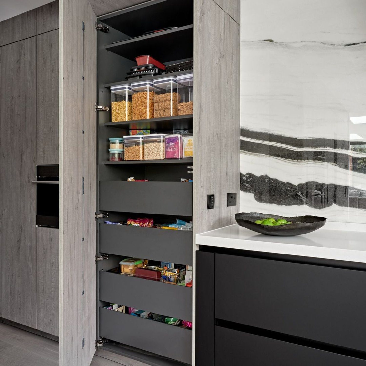 Modern kitchen pantry with organized shelves