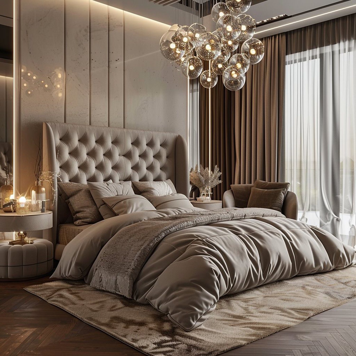 Elegant bedroom with plush bedding