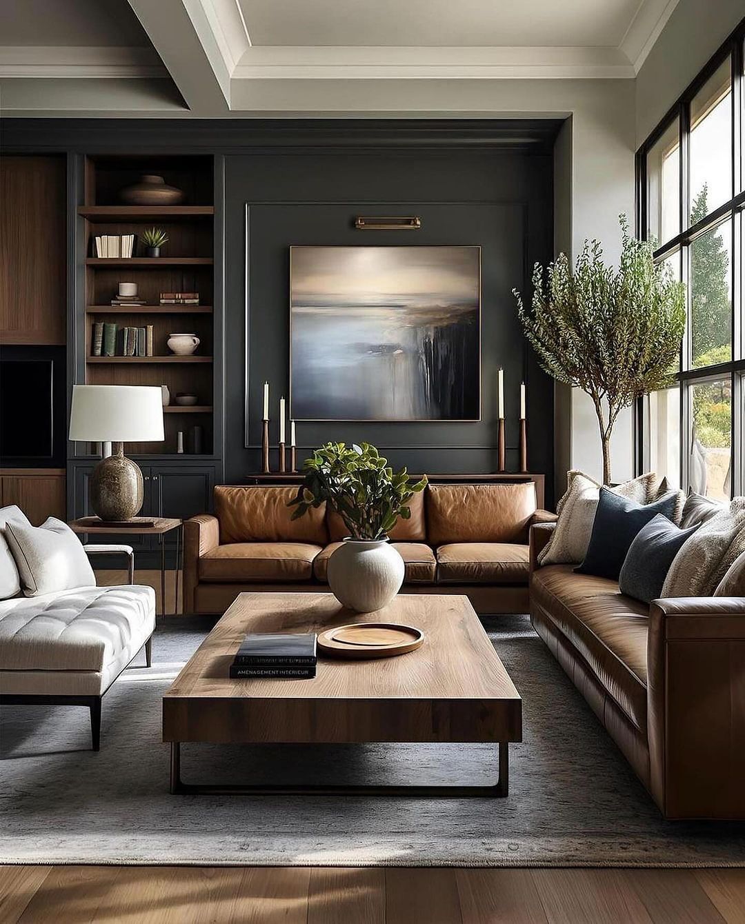 Stylish and Modern Living Room with Dark Walls and Leather Furniture