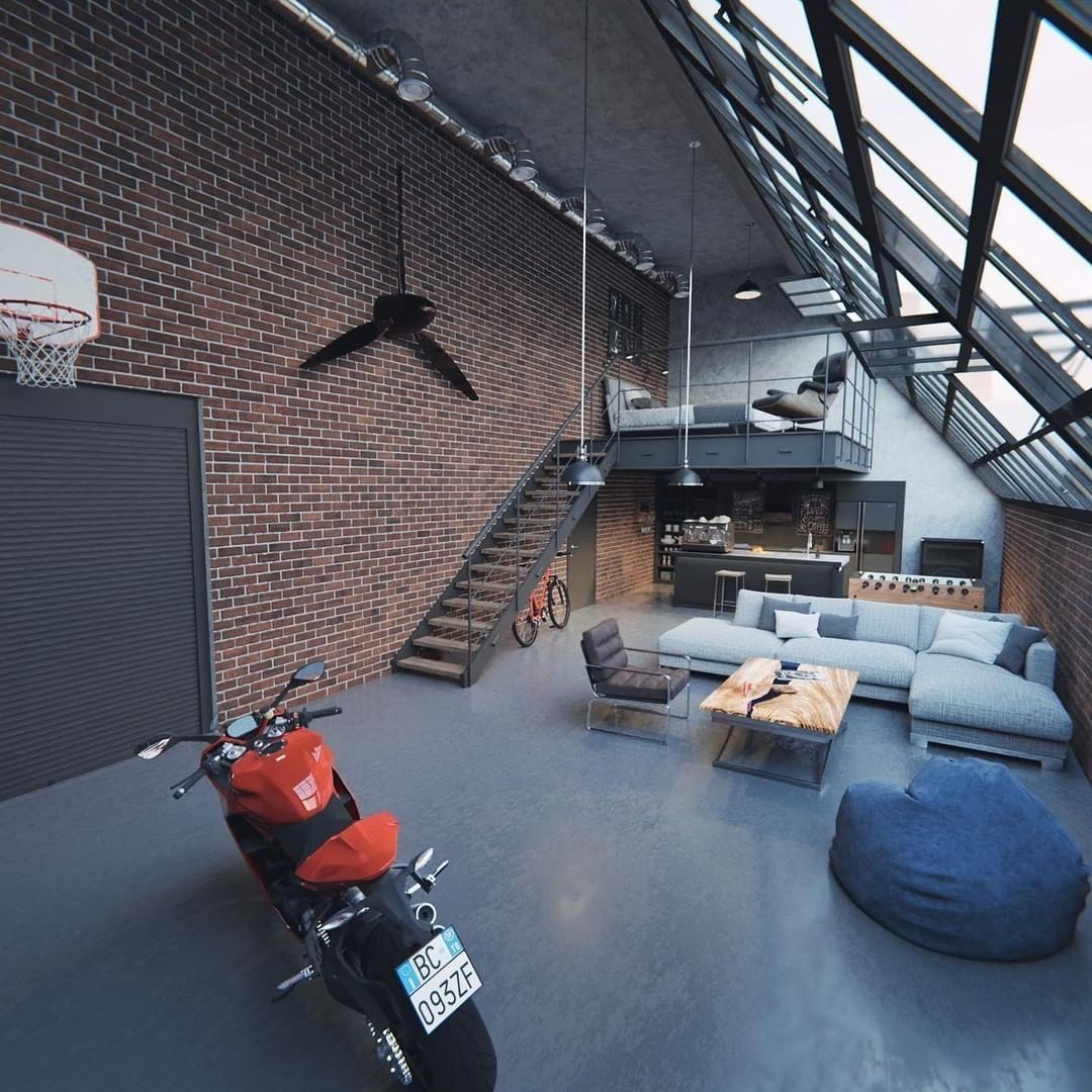 Loft-style living space with exposed brick walls and industrial elements