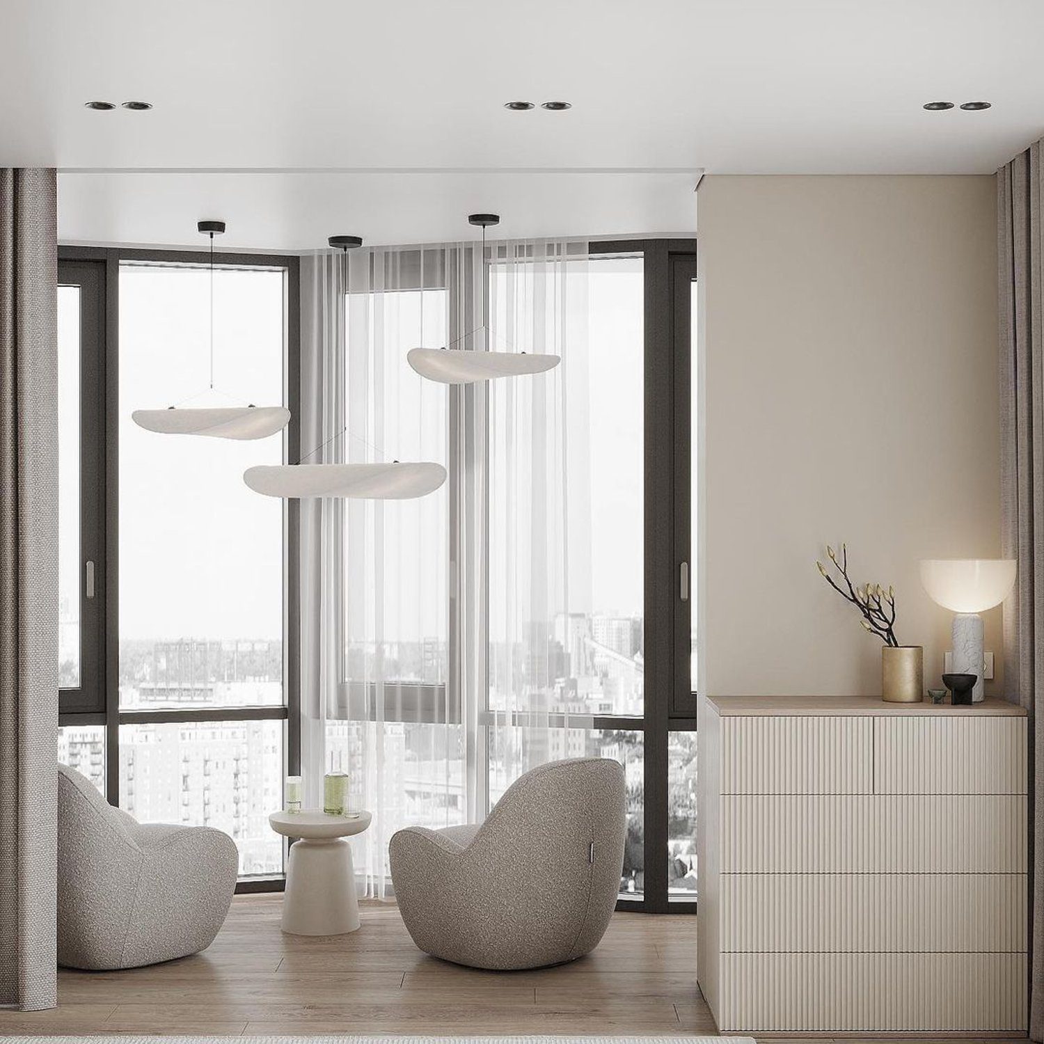 A minimalist living room with expansive windows offering city views features comfortable textured armchairs, sleek white pendant lights, and a subtle play of beige tones.