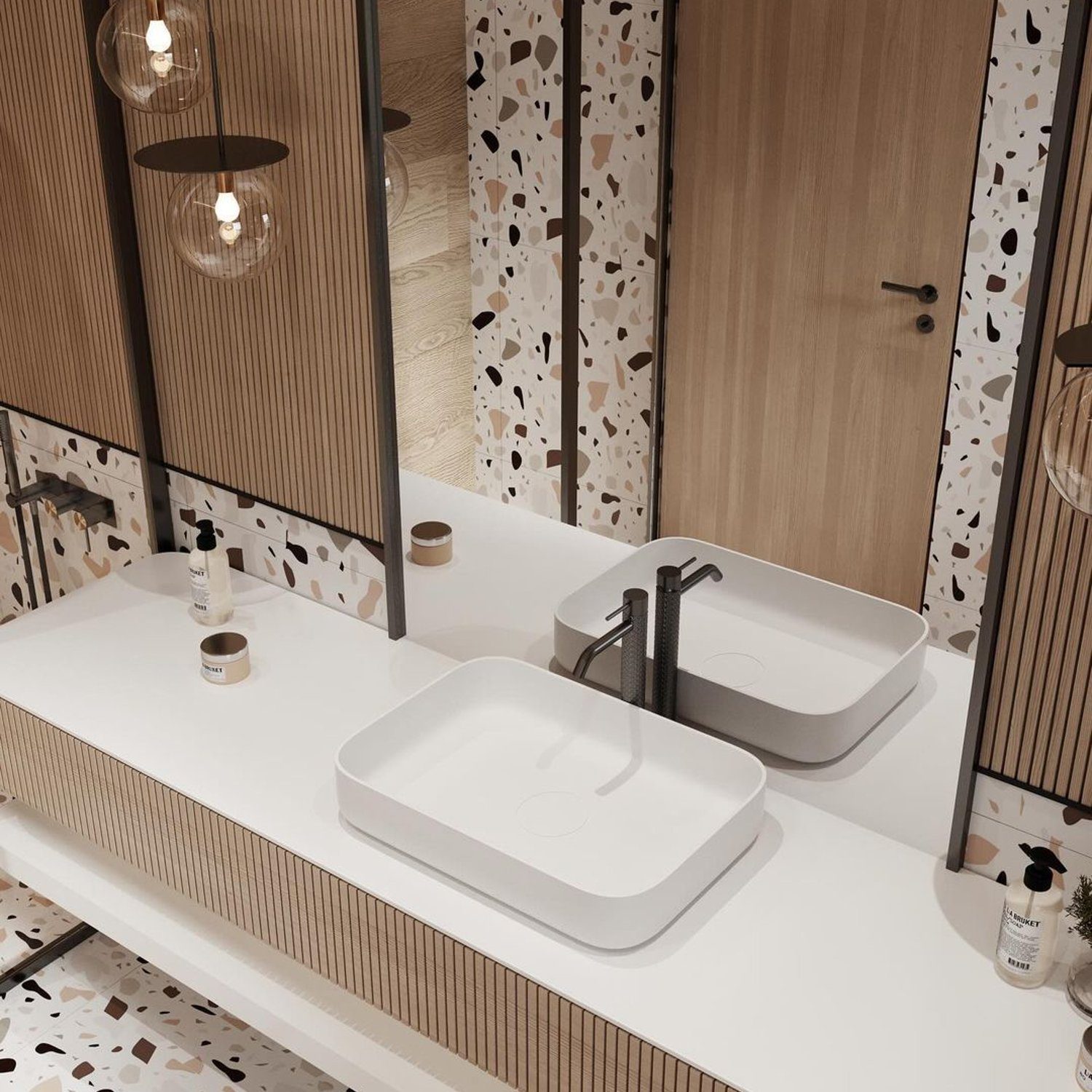 Contemporary bathroom with terrazzo and wood elements