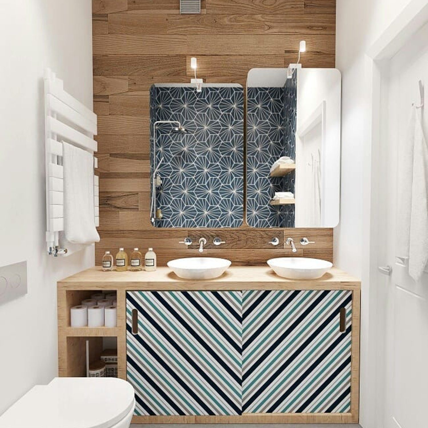 Stylish modern bathroom with wooden accents and patterned tiles.