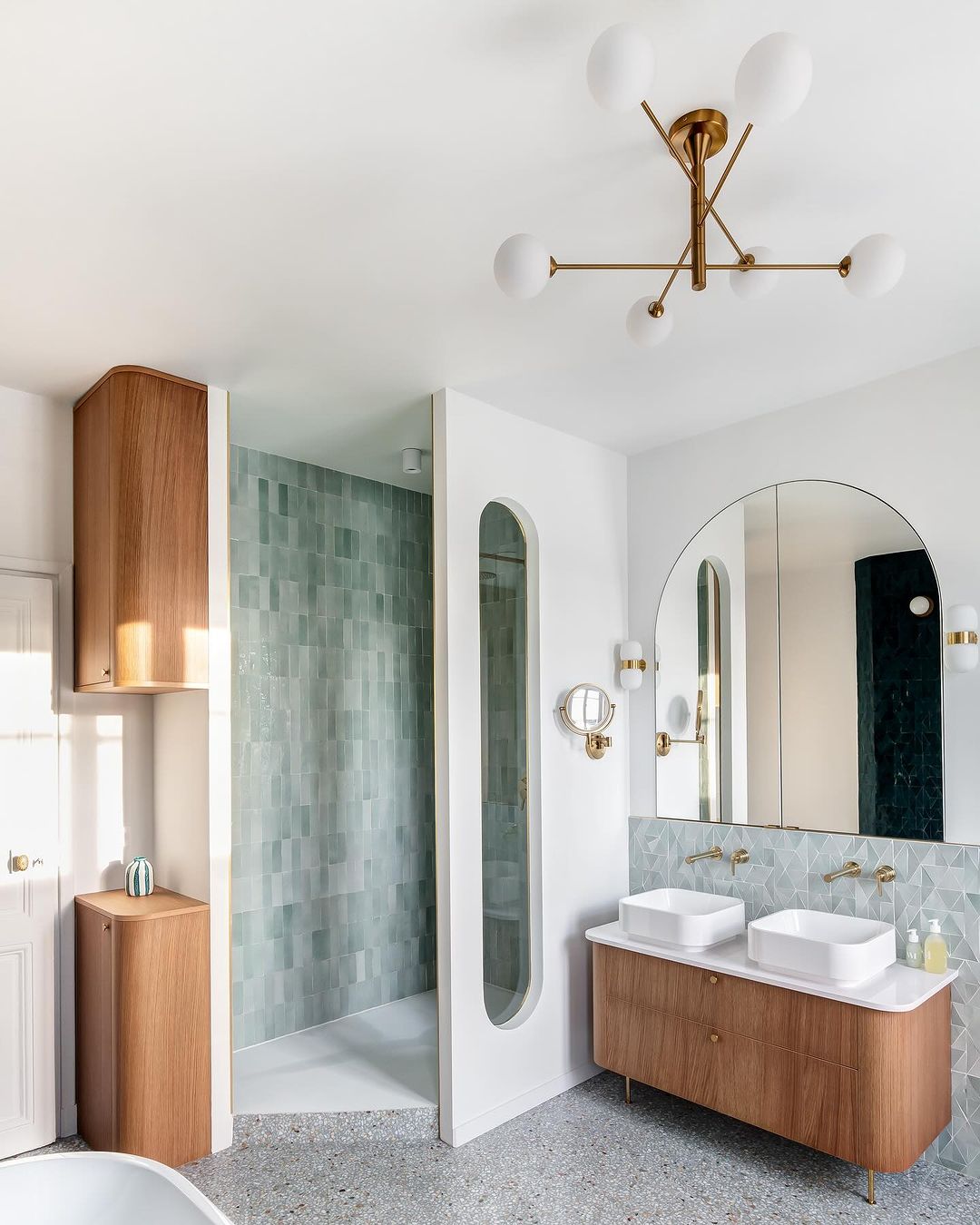 A modern bathroom featuring a unique blend of textures and materials