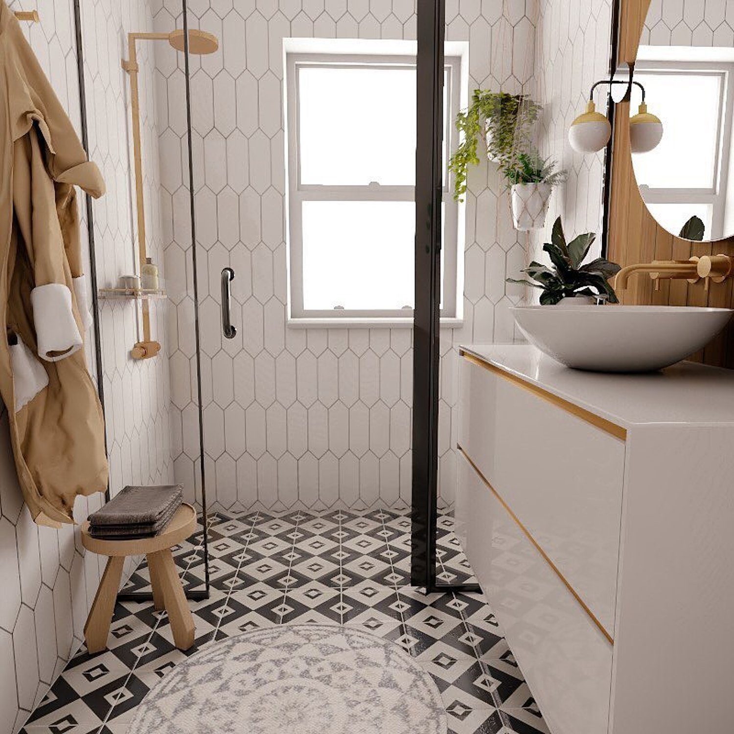 Modern black and white bathroom with a geometric patterned floor tile