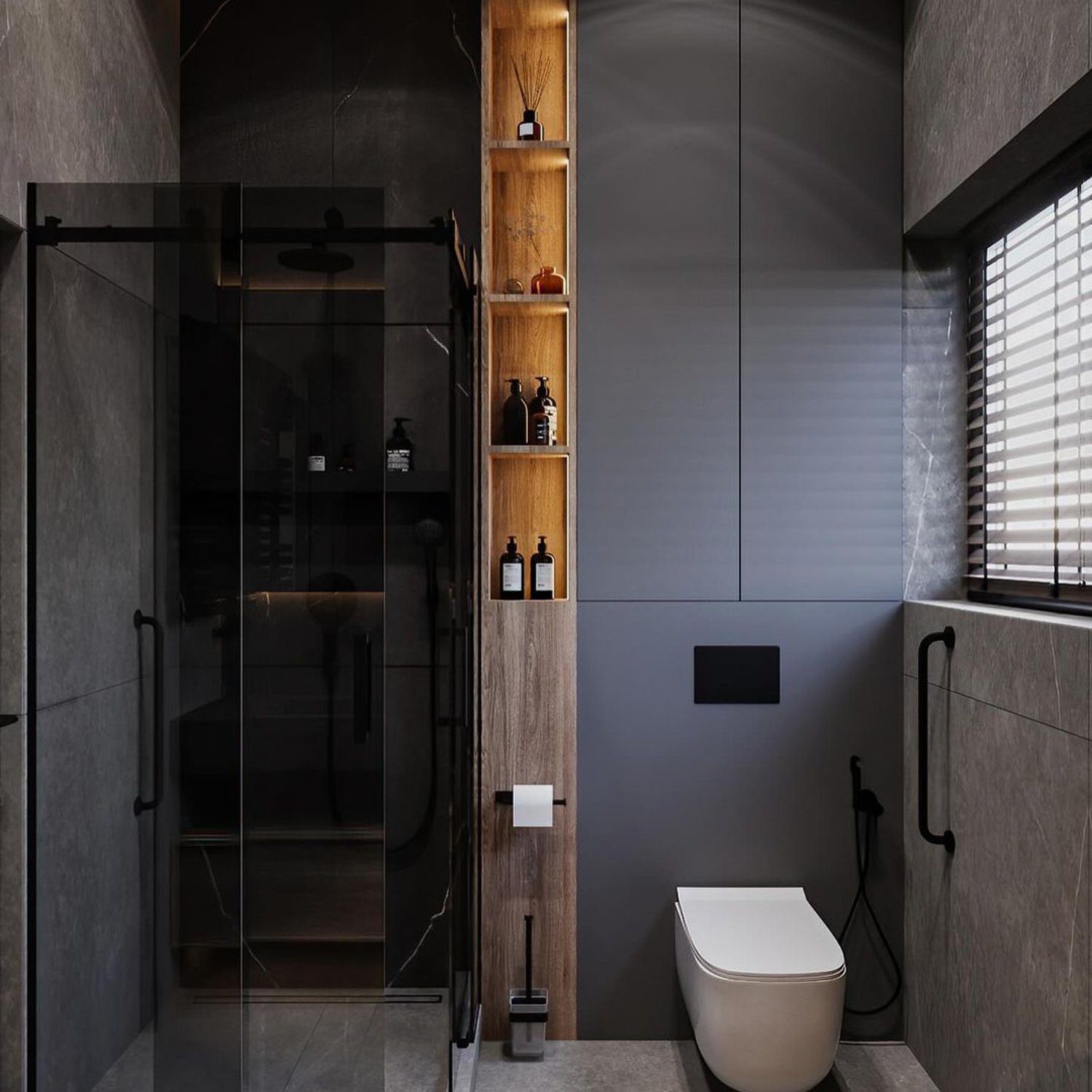 Modern and sleek bathroom design with harmonious dark tones