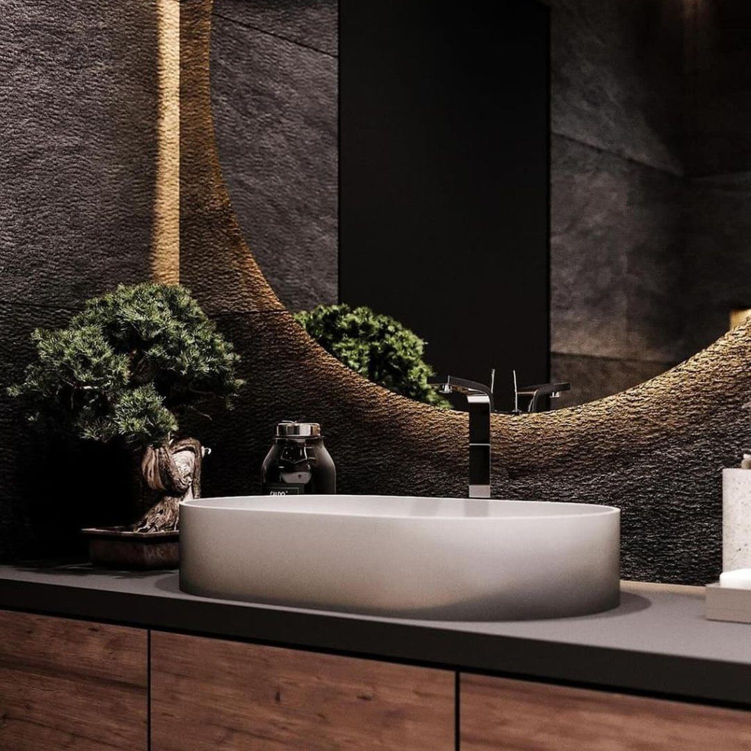 A modern and artistic bathroom design featuring a sleek oval sink with elegant fixtures, surrounded by a textured wall that curves gently around the mirror creating a tranquil oasis.