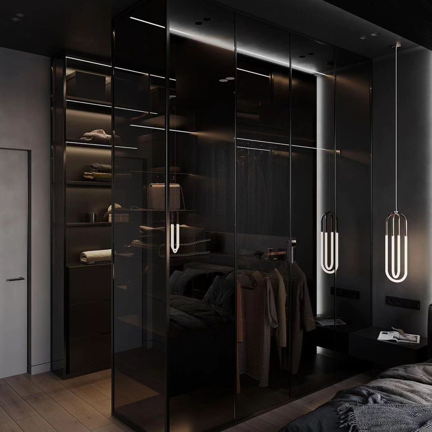 Elegant and modern bedroom closet design with transparent glass doors and sleek black framing, complemented by unique U-shaped lighting fixtures.