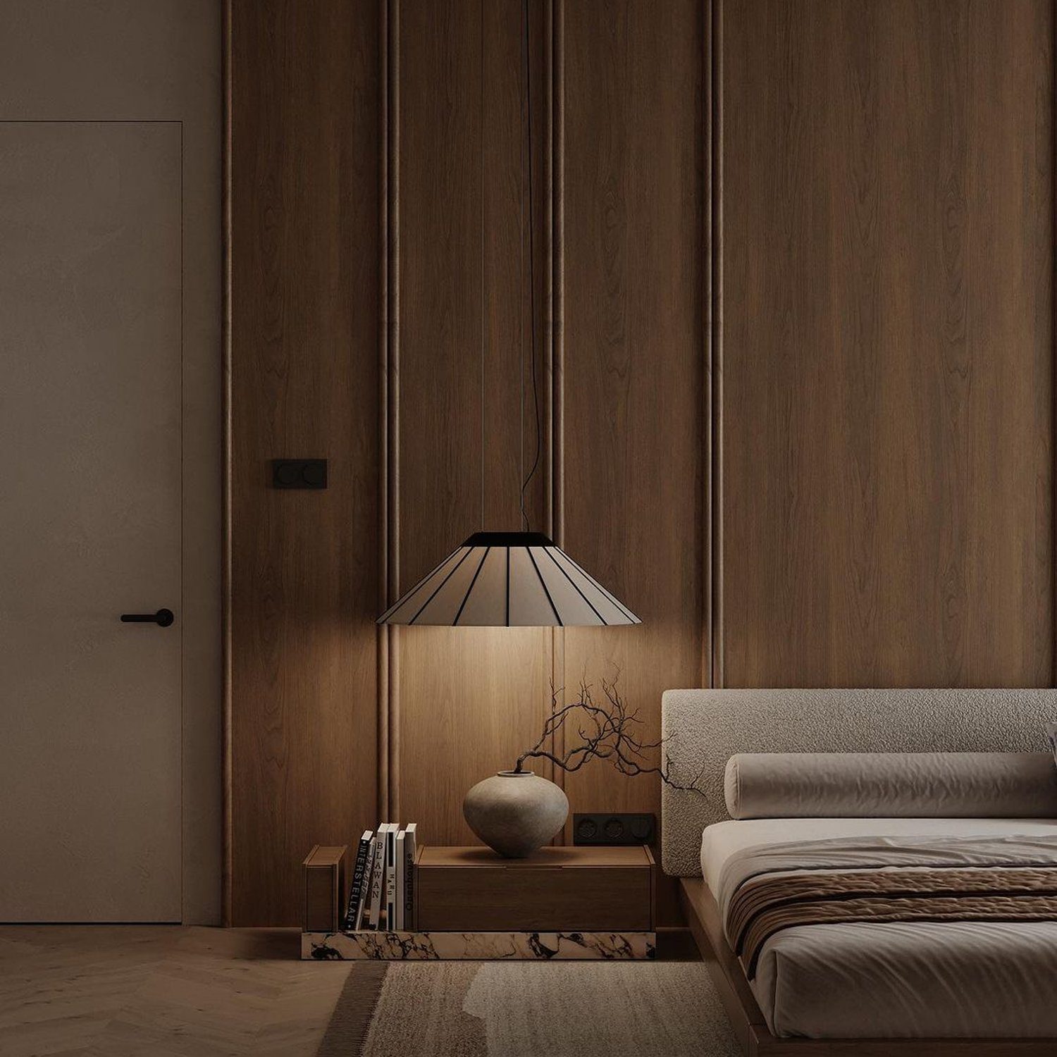 Elegant and minimalist bedroom design with sleek wooden panels and warm lighting