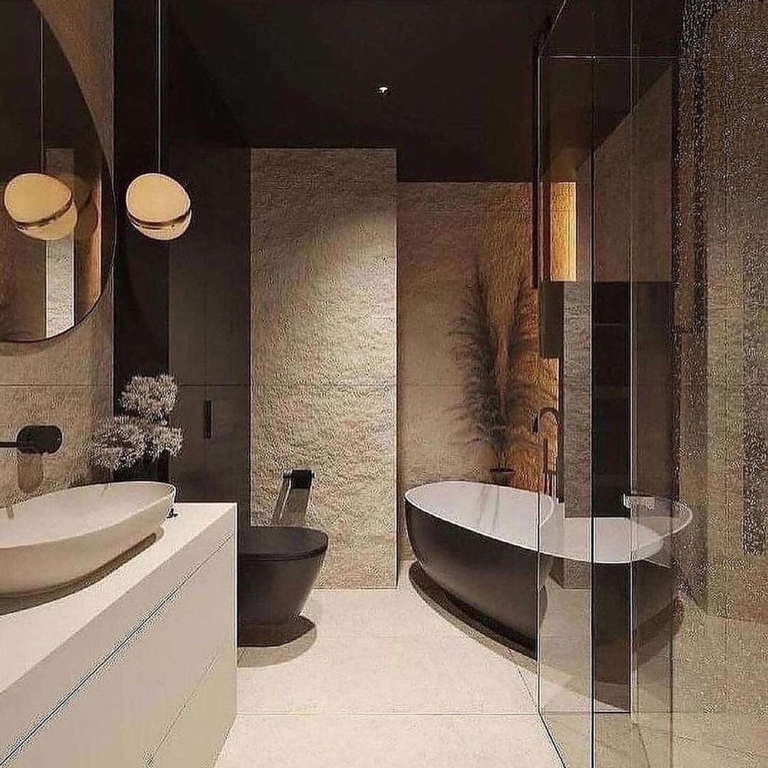 Elegant and modern bathroom with textured stone accents and minimalist fixtures