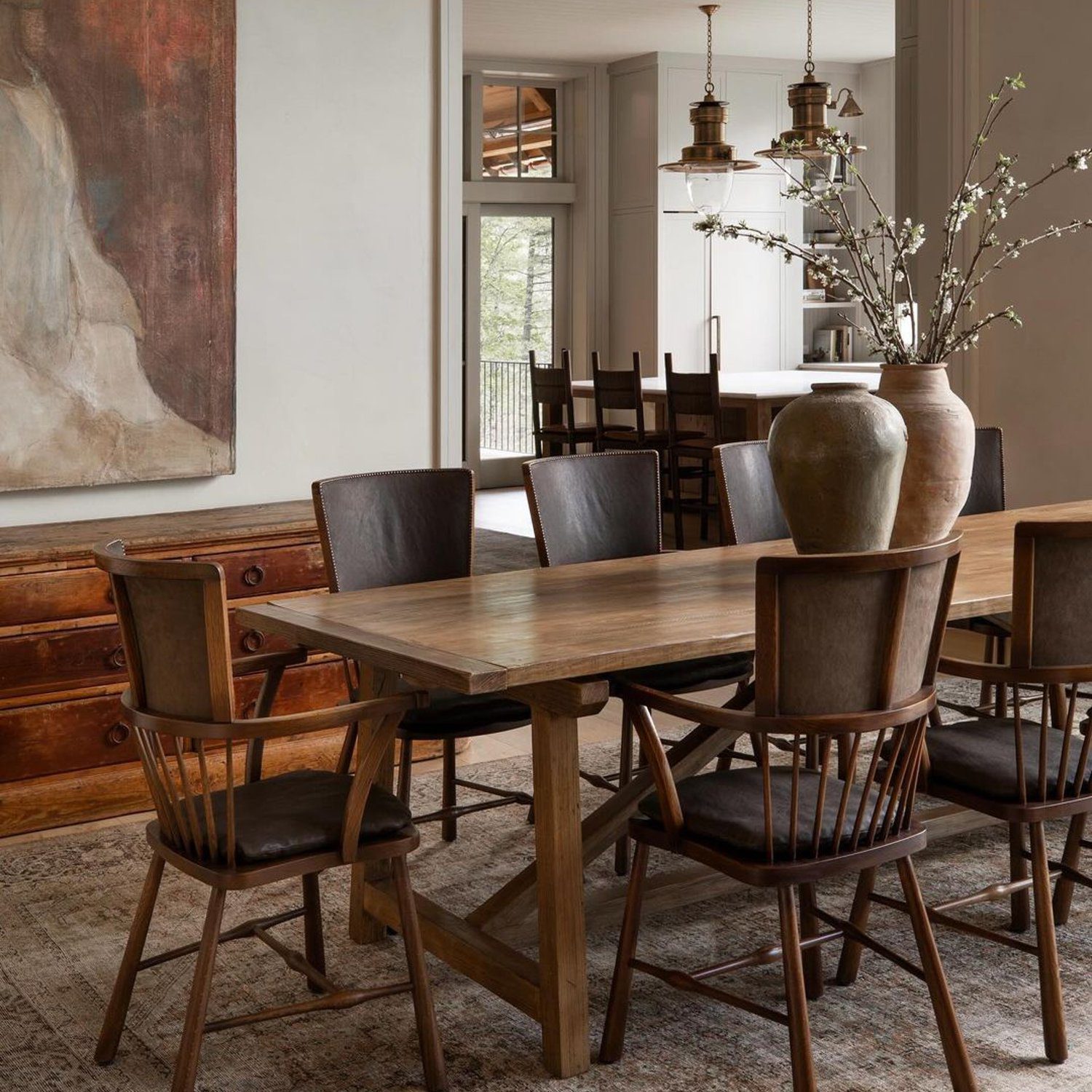 Elegantly designed dining space with a blend of rustic and modern elements