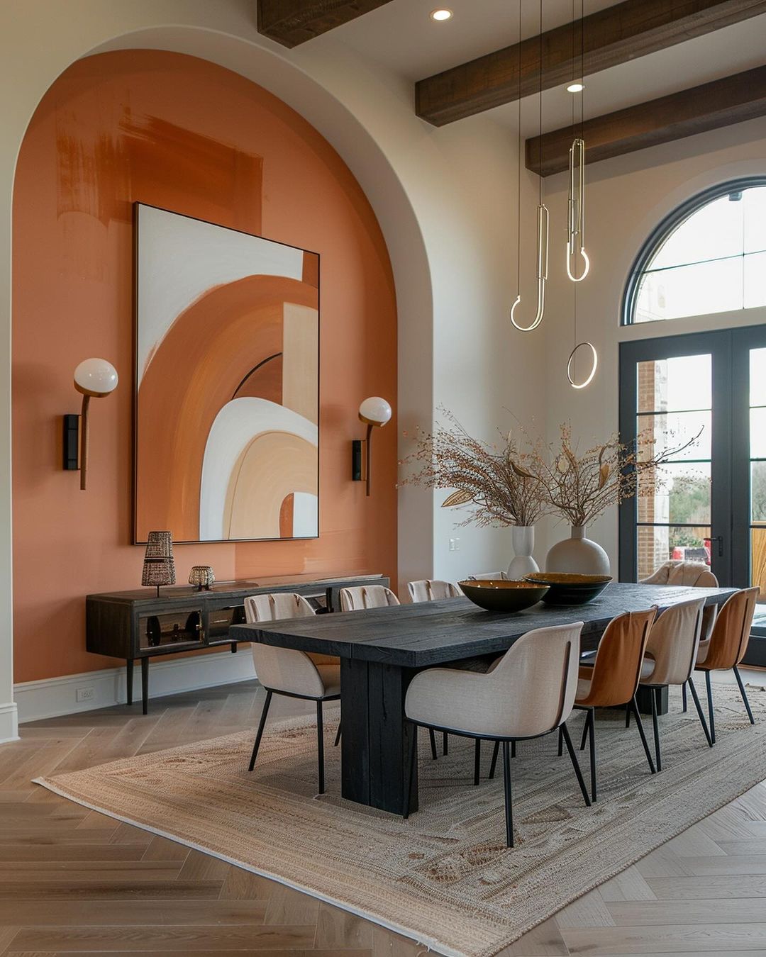 Stylish dining room with terracotta accents