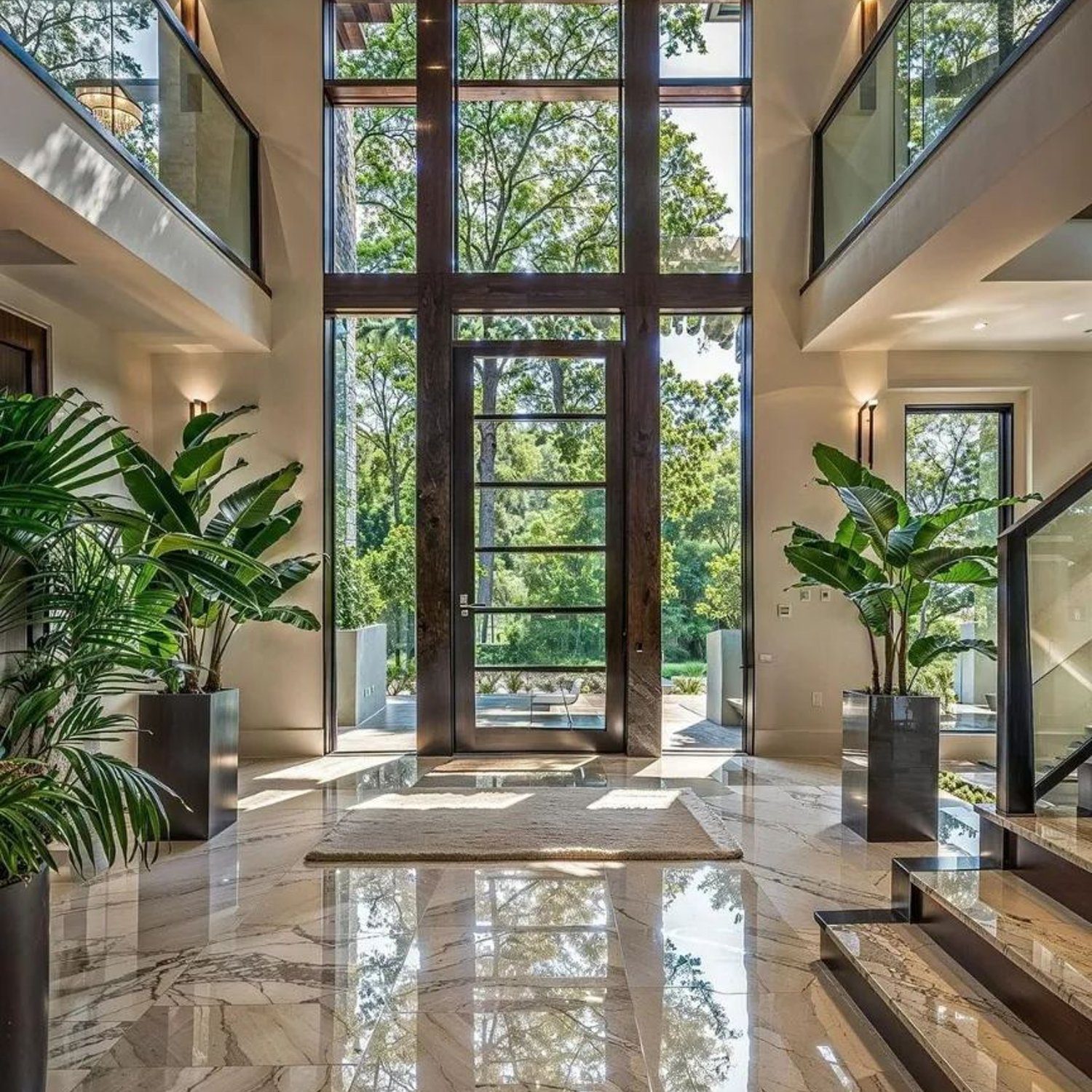 Elegant modern entryway with towering doors and reflecting marble floors