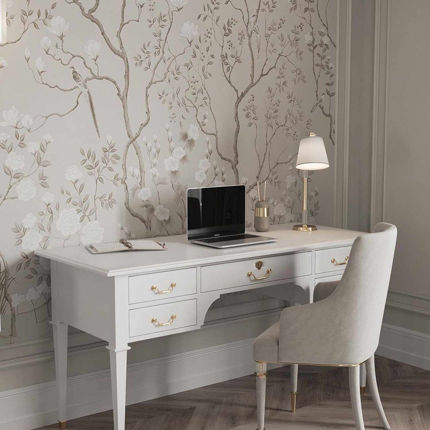 Elegantly designed workspace with ornate wallpaper