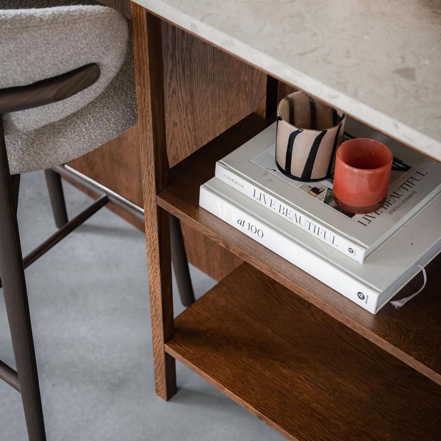 Minimalistic wooden desk with decorative items