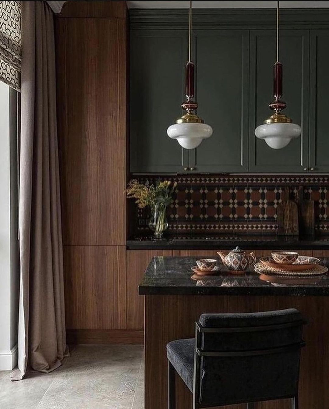 Stylish kitchen with a dark theme and wooden accents