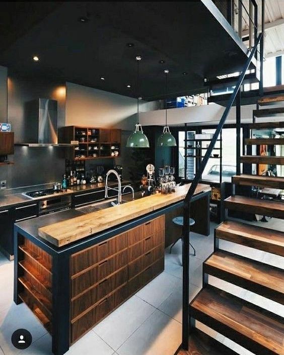 A modern kitchen with a unique blend of materials and textures