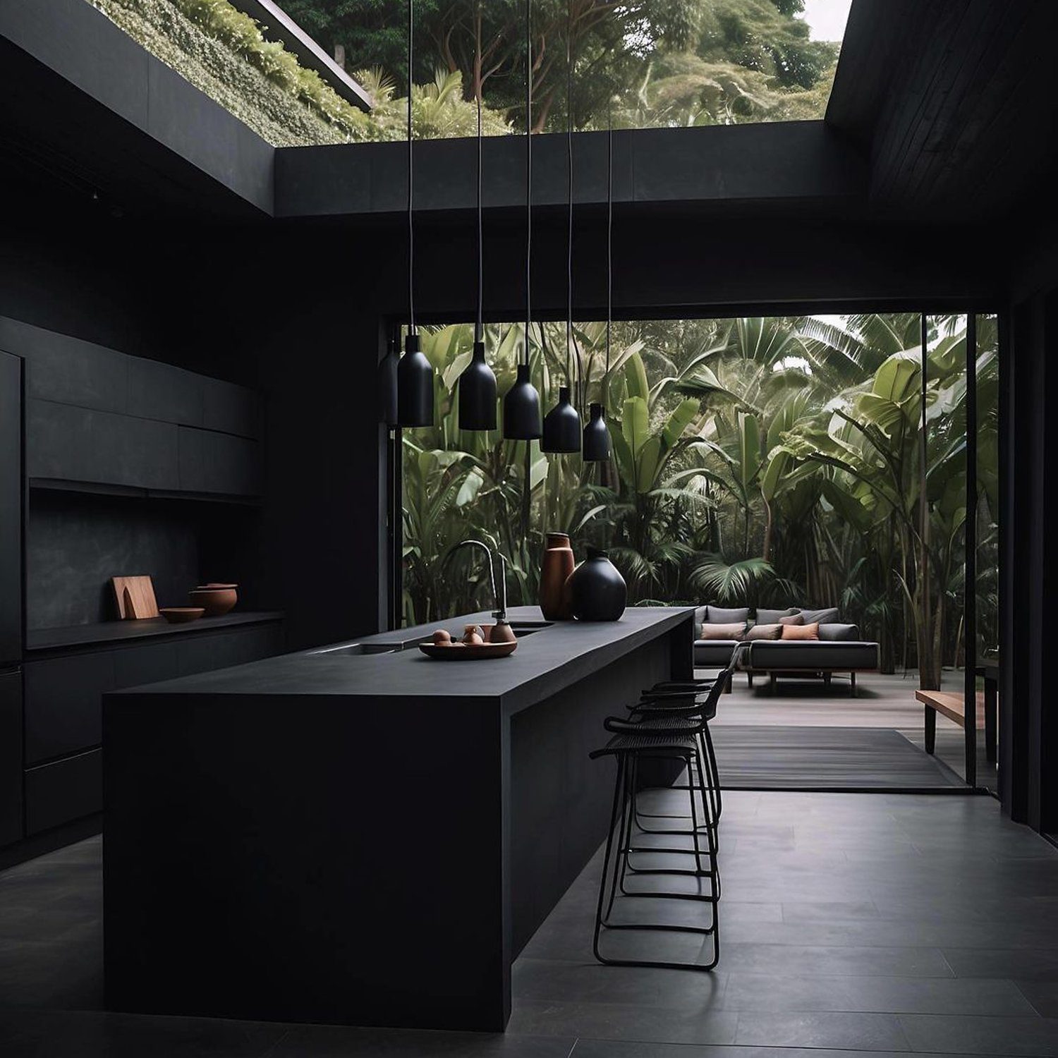 A sleek and modern kitchen with a dramatic black color scheme