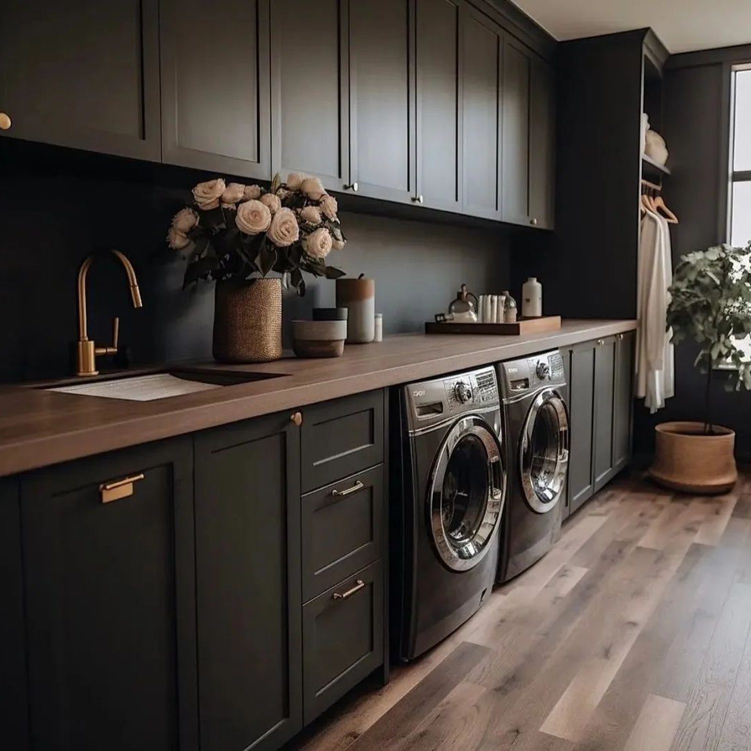 Elegantly designed laundry room with dark cabinetry and gold accents