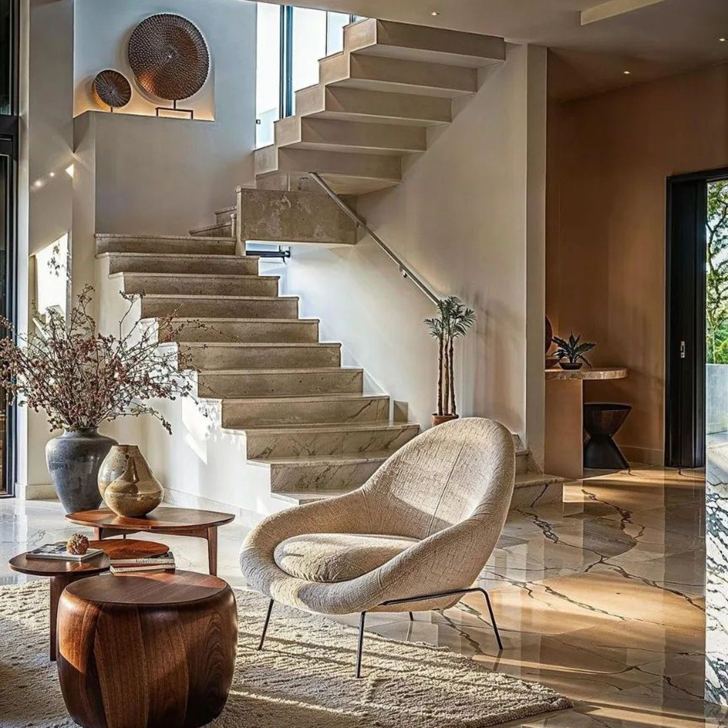 A modern and stylish living room with a floating staircase