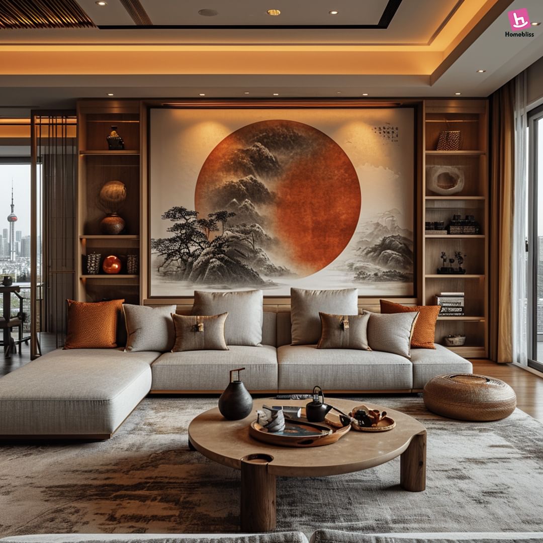 A modern and stylish living room with a large circular traditional painting as the focal point